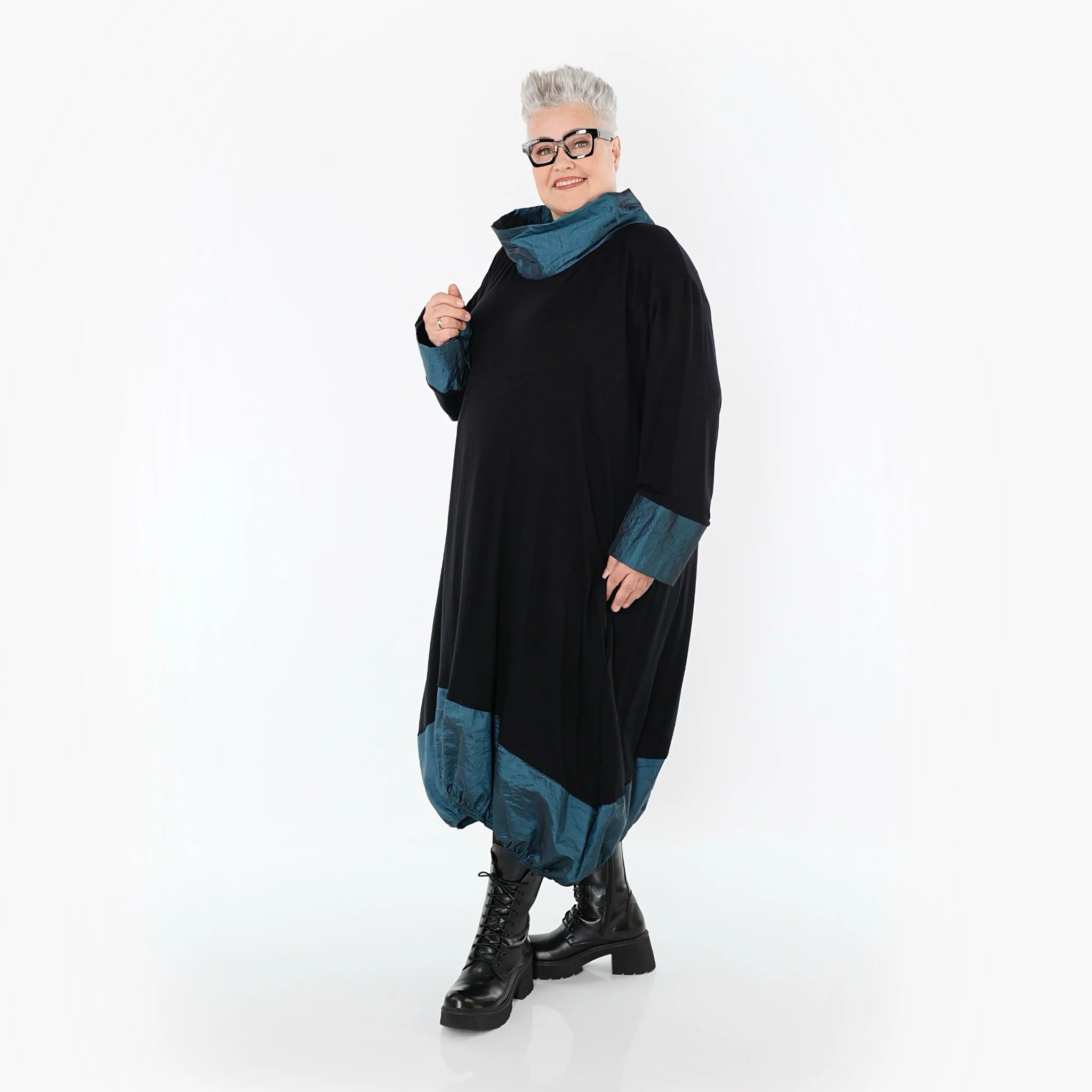  Ballonkleid von AKH Premium aus Viskose, P107156, Schwarz/Petrol, Ausgefallen, Zeitlos