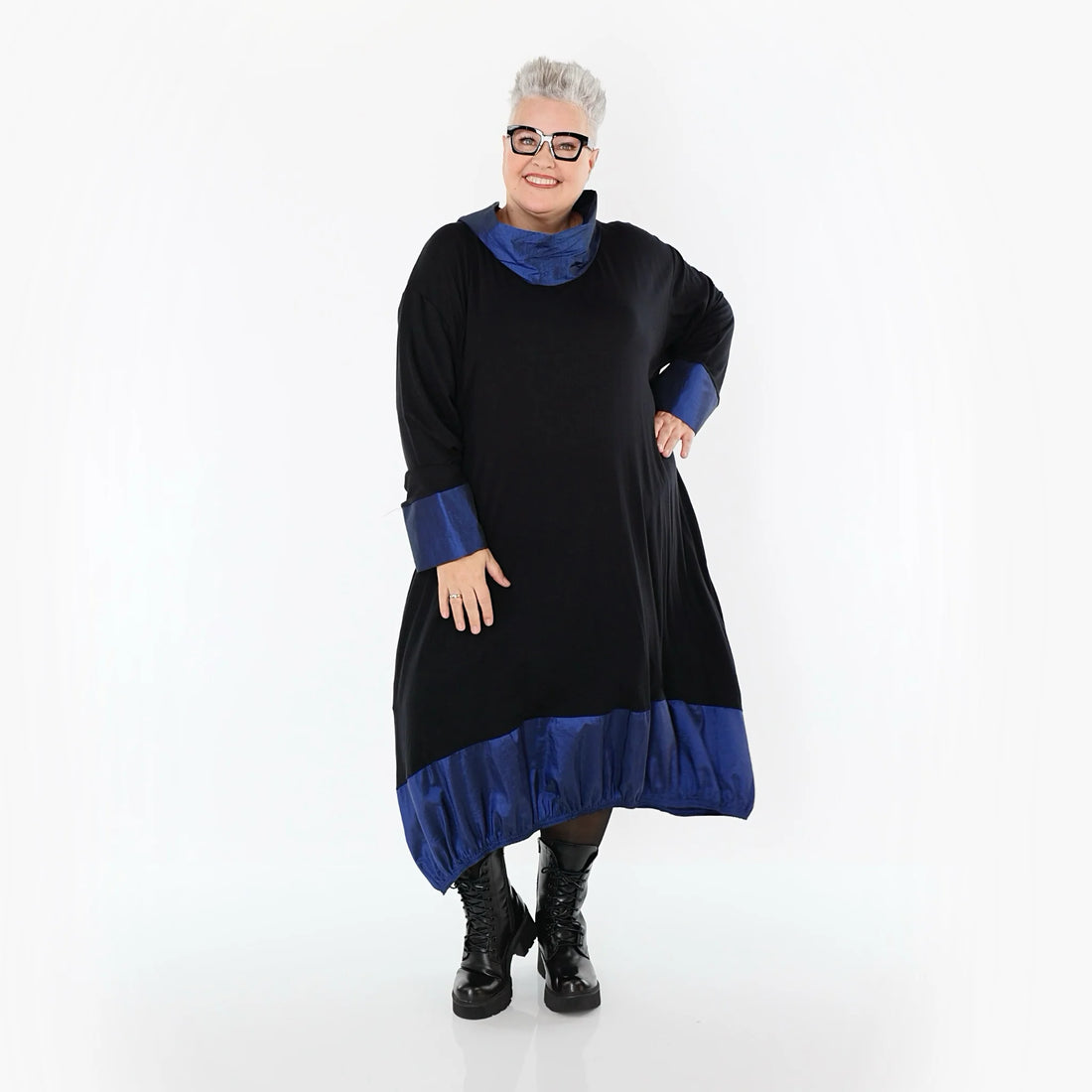  Ballonkleid von AKH Premium aus Viskose, P107156, Schwarz/Royalblau, Ausgefallen, Zeitlos