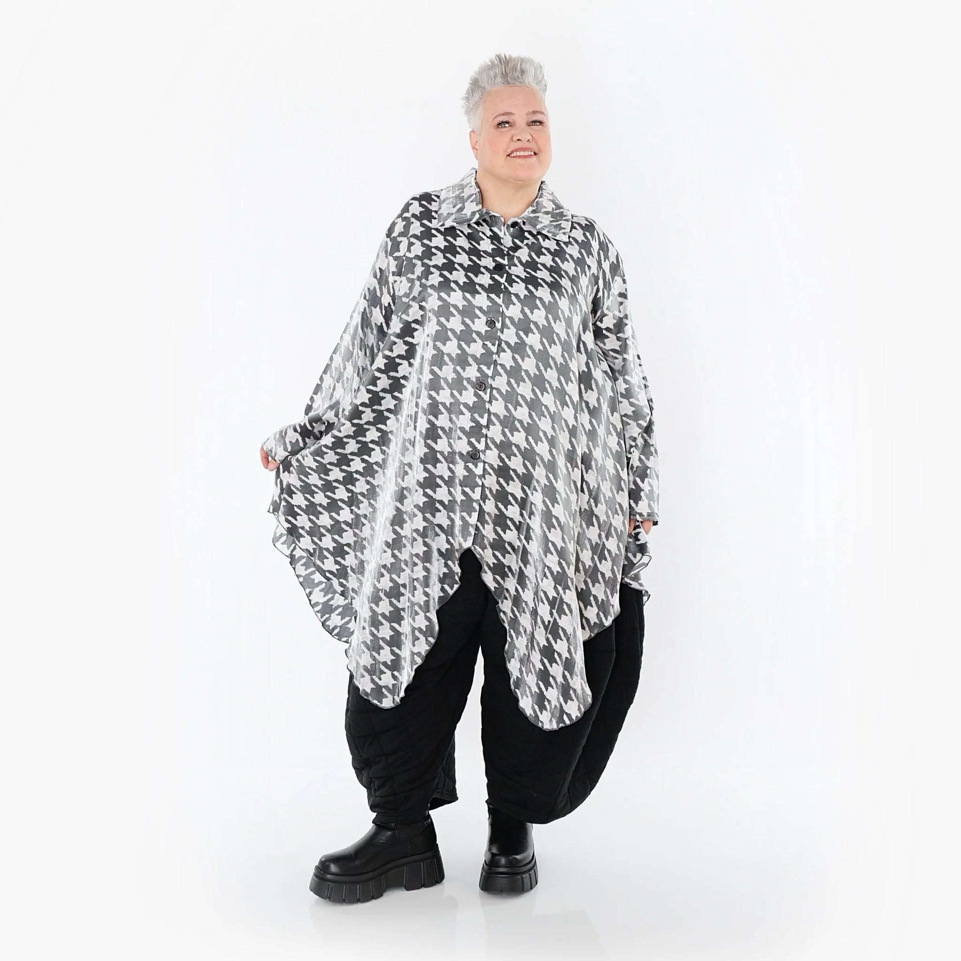  Zipfel Bluse von AKH Premium aus Viskose, P107150, Weiß/Grau, Hahnentritt, Ausgefallen