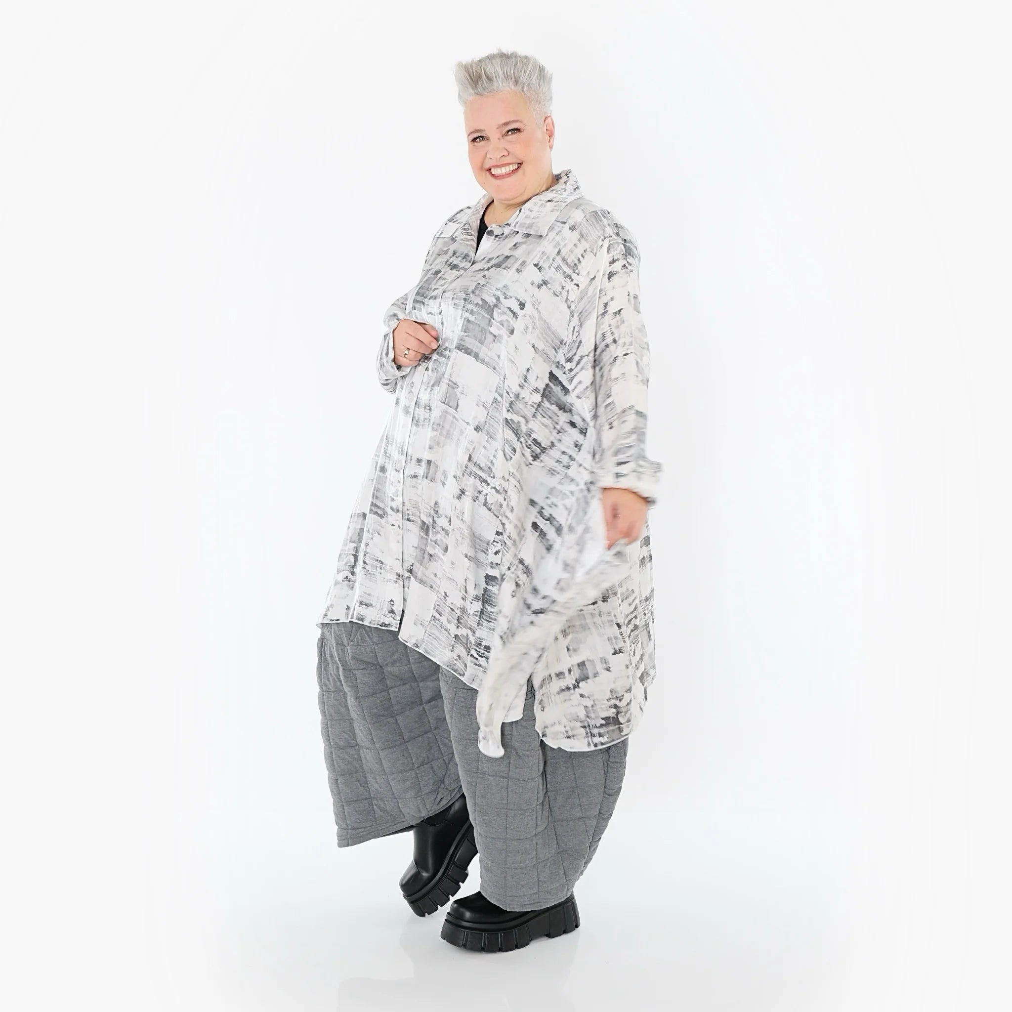  A-Form Bluse von AKH Premium aus Viskose, P106917, Weiß/Grau, Grafik, Ausgefallen, Zeitlos