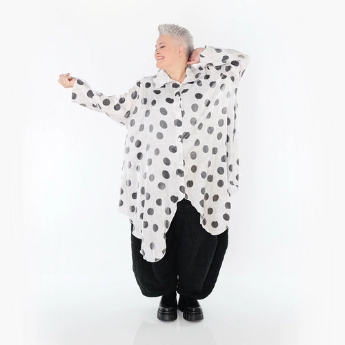  Zipfel Bluse von AKH Premium aus Viskose, P1026.7150, Weiß/Grau, Punkte, Ausgefallen