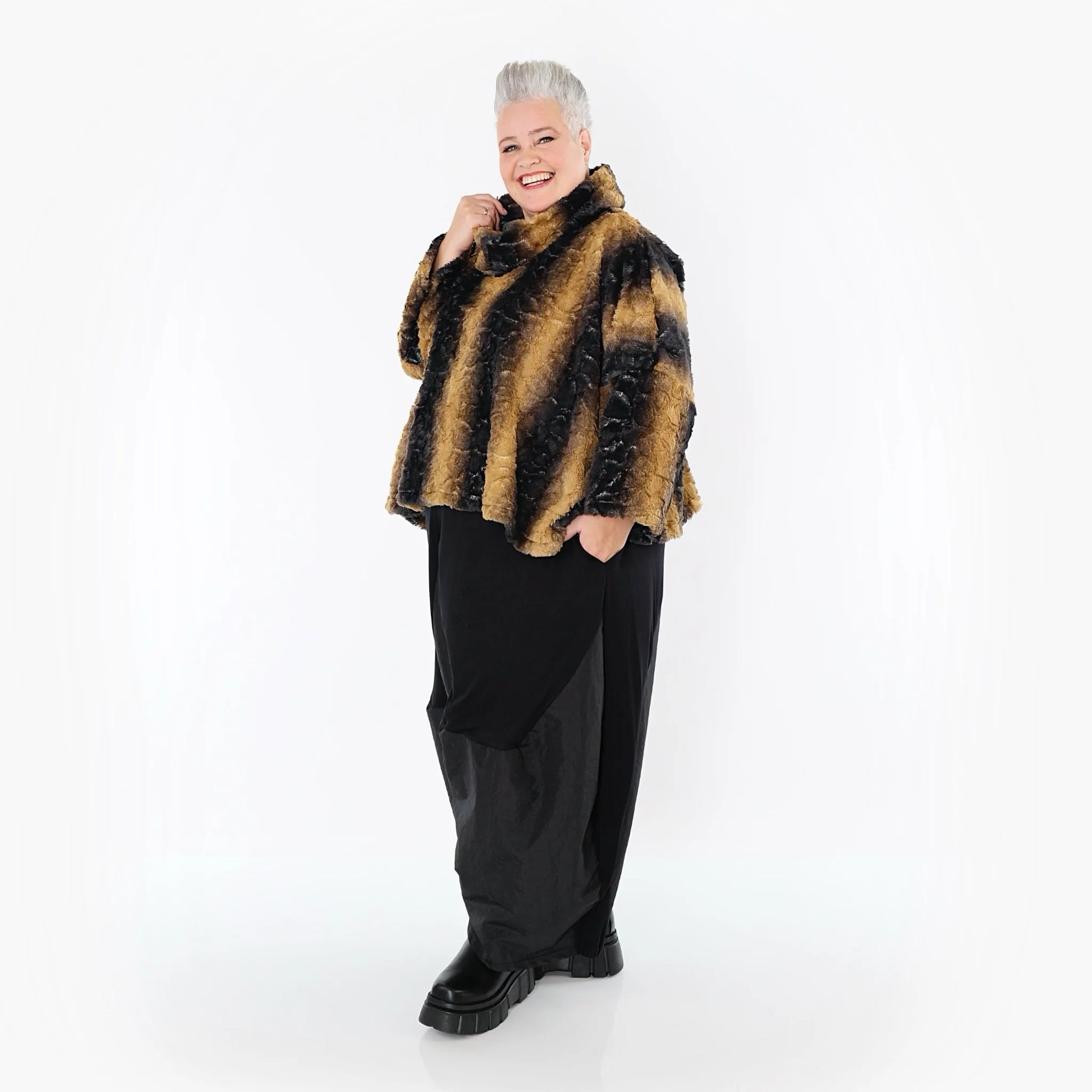  AKH Fashion Bigshirt in kastiger Form, aus Polyester, 1565.03019, Schwarz/Senf, Schick