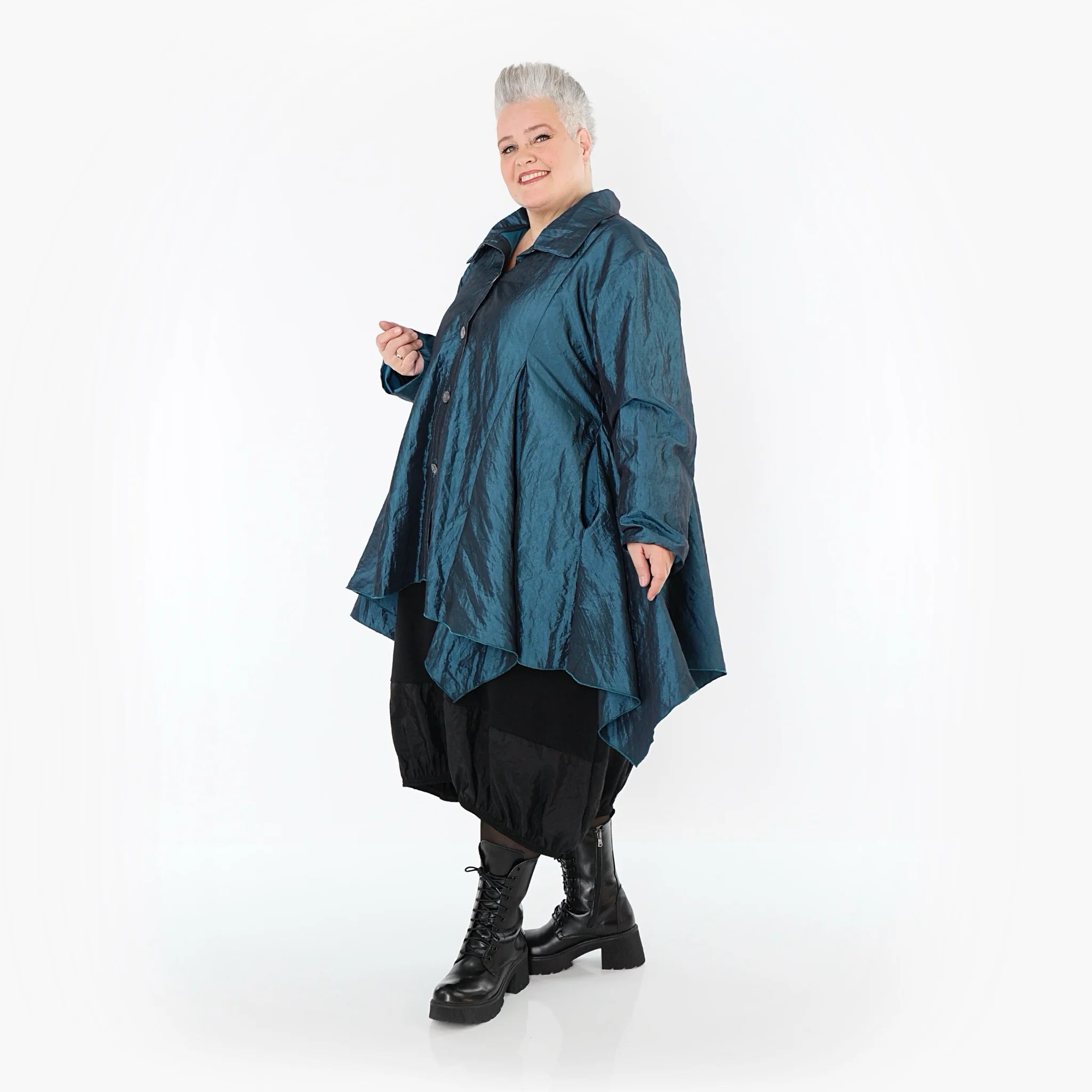  AKH Premium Jacke in Glocken-Form, aus Viskose, P107148, Petrol, Ausgefallen, Zeitlos