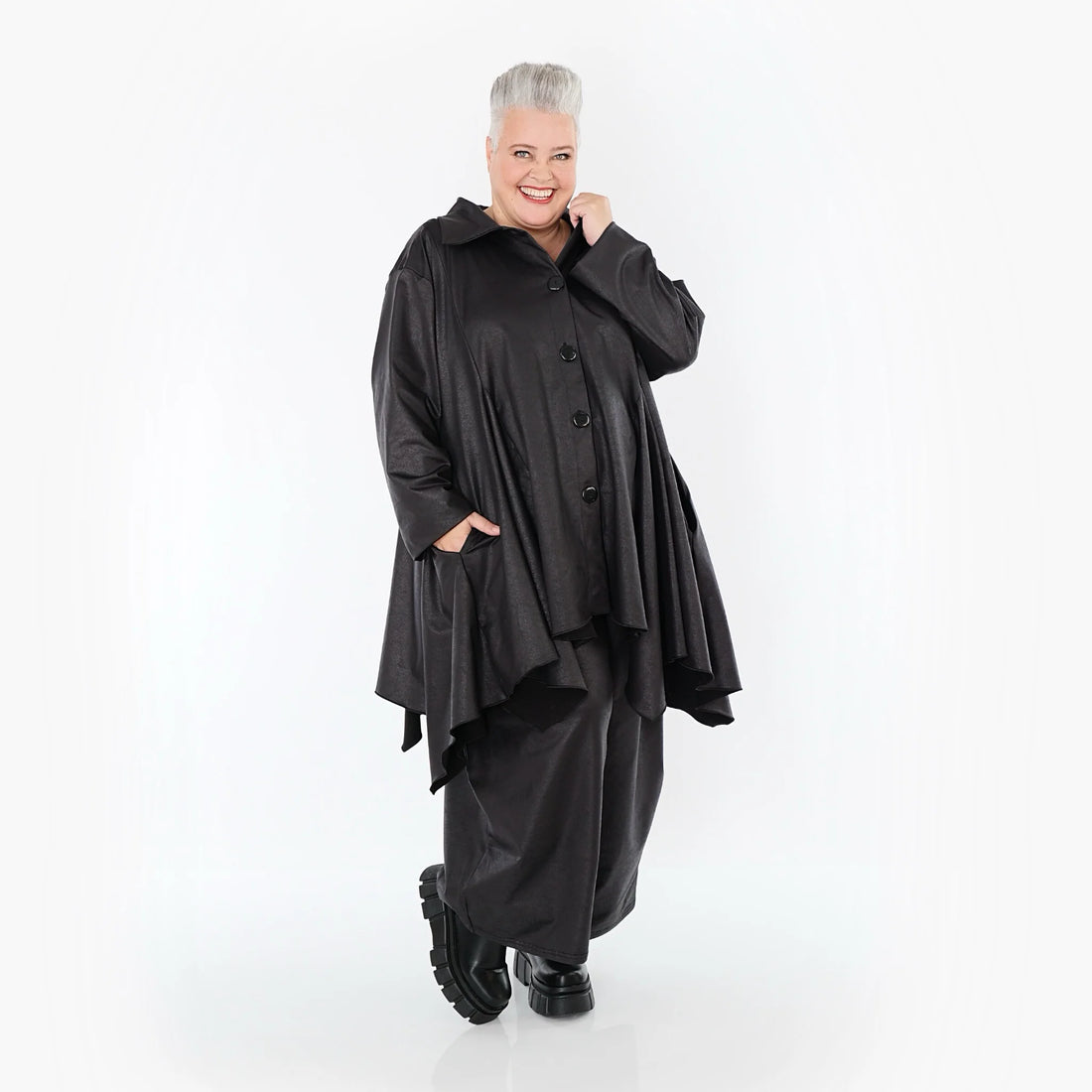  AKH Premium Jacke in Glocken-Form, aus Materialmix, P1027.7148, Schwarz, Ausgefallen