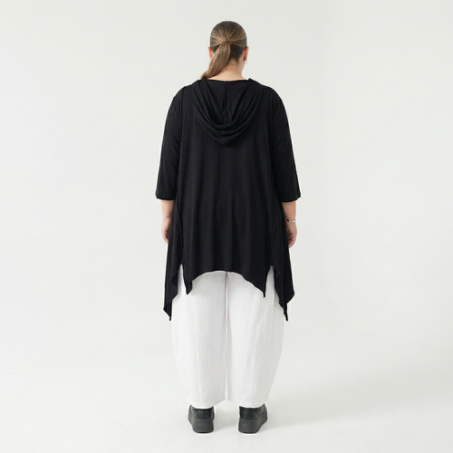 Schwarzes A-Form Kapuzenshirt Viskosejersey mit Dreiviertelarm Taschen Zipfelsaum weich