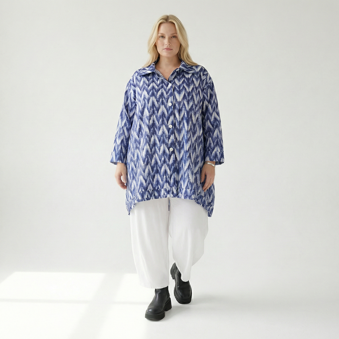  A-Form Bluse von AKH Fashion aus Baumwolle, 1504.07010, Blau/Weiß/Silber, ZickZack, Schick