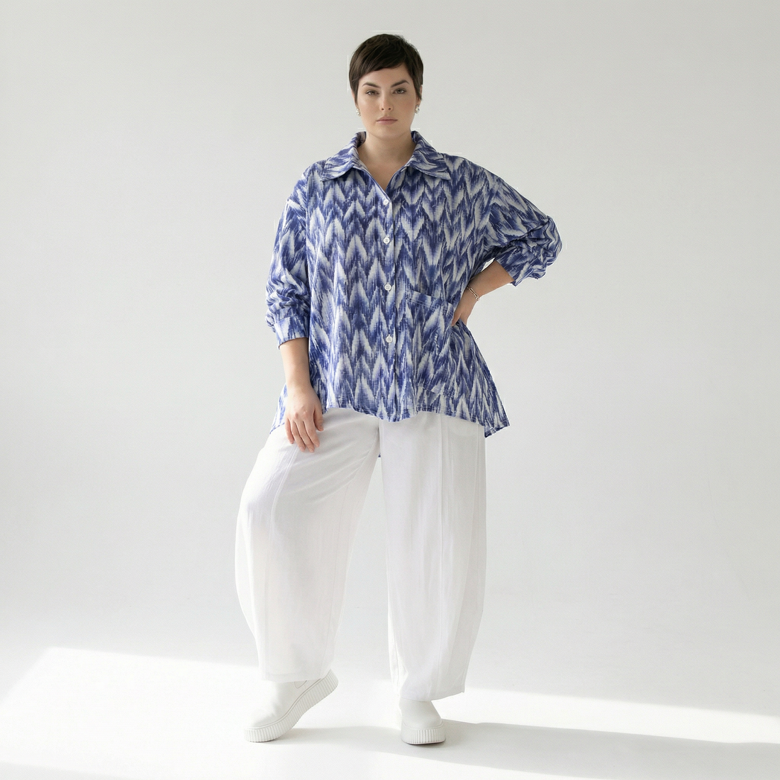  A-Form Bluse von AKH Fashion aus Baumwolle, 1504.07095, Blau/Weiß/Silber, ZickZack, Schick