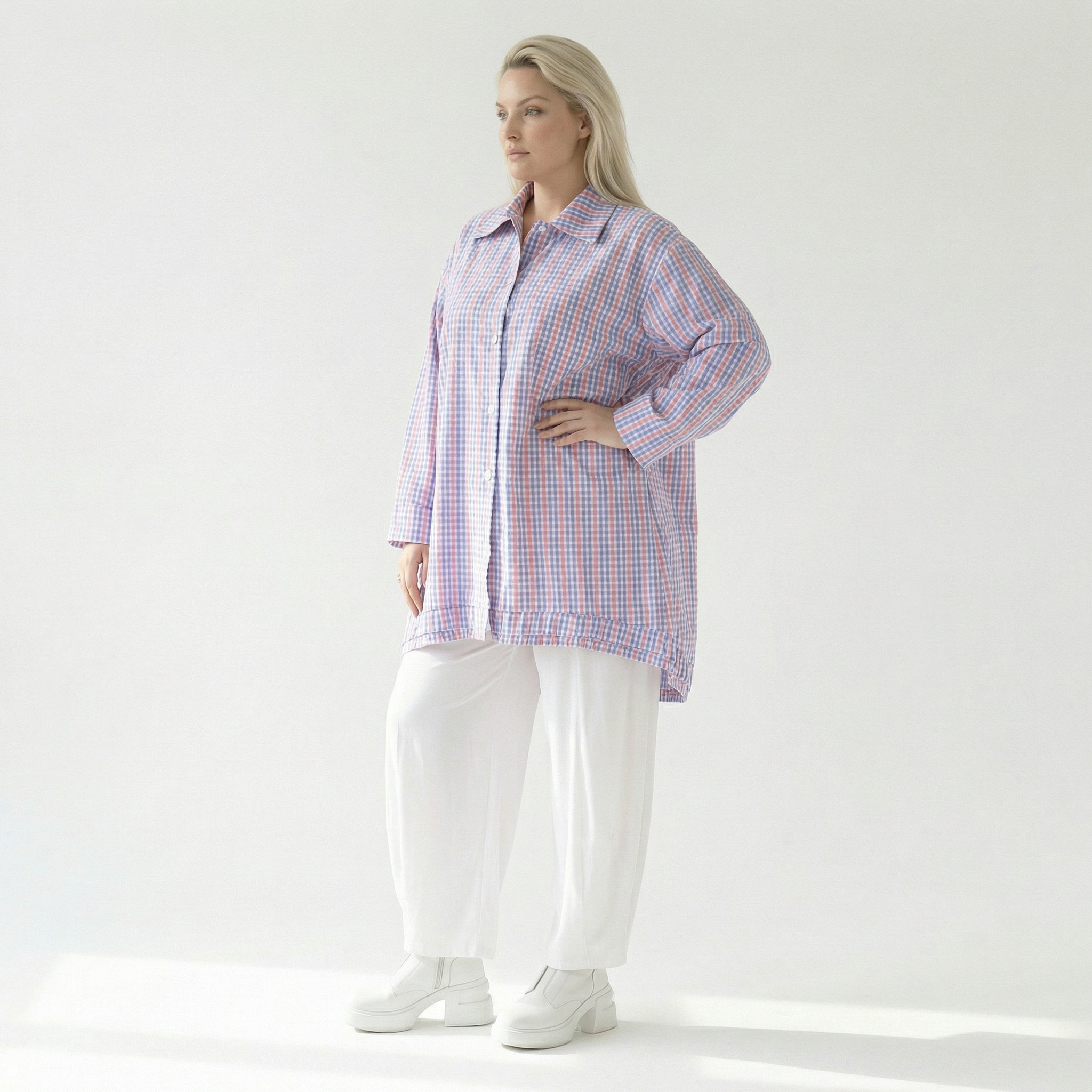  A-Form Bluse von AKH Fashion aus Baumwolle, 1505.07010, Blau/Weiß/Pink, Vichy-Karo, Schick