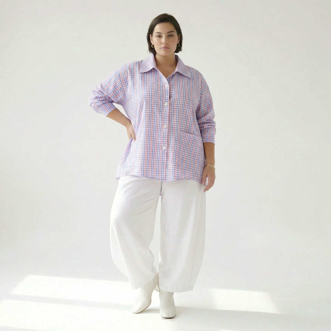  A-Form Bluse von AKH Fashion aus Baumwolle, 1505.07095, Blau/Weiß/Pink, Vichy-Karo, Schick