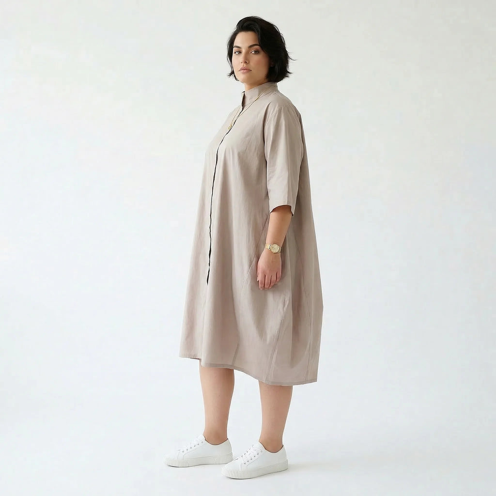 Luftig-leichte Ballon Bluse im Oversize Lagenlook aus Popeline mit Nahttaschen, Beige