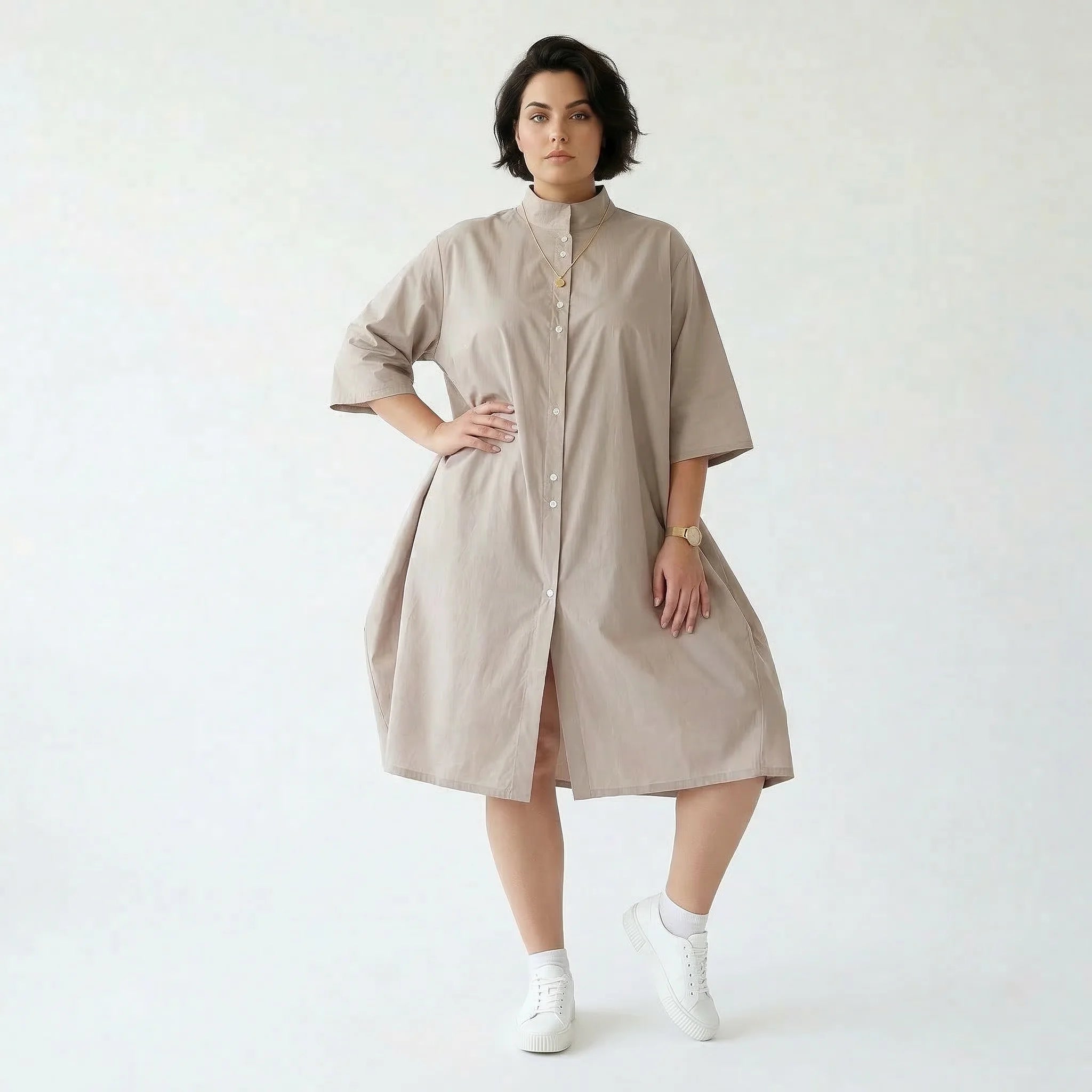 Luftig-leichte Ballon Bluse im Oversize Lagenlook aus Popeline mit Nahttaschen, Beige