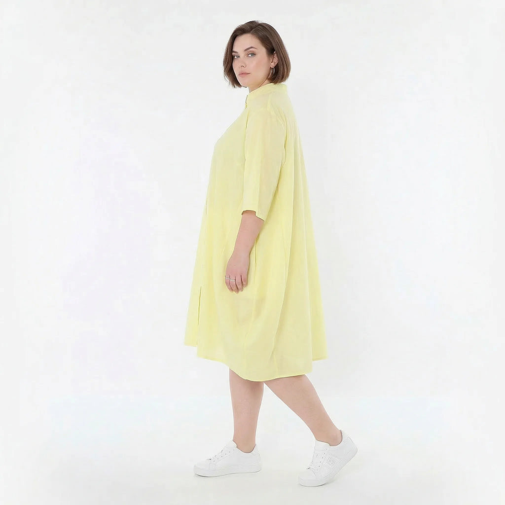Luftige Oversize Bluse im ausgefallenen Ballon Lagenlook aus feiner Popeline mit Stehkragen, Gelb