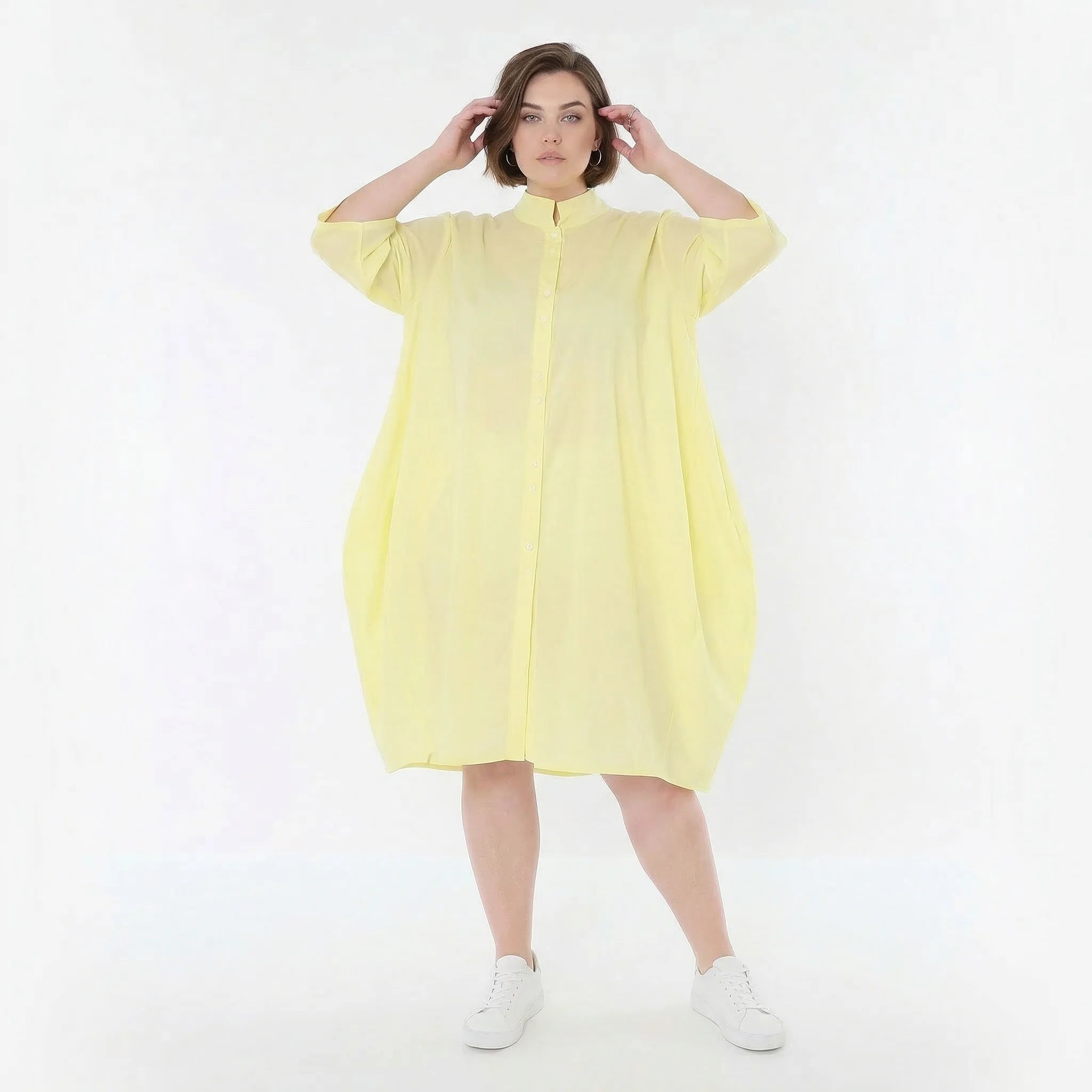 Luftige Oversize Bluse im ausgefallenen Ballon Lagenlook aus feiner Popeline mit Stehkragen, Gelb