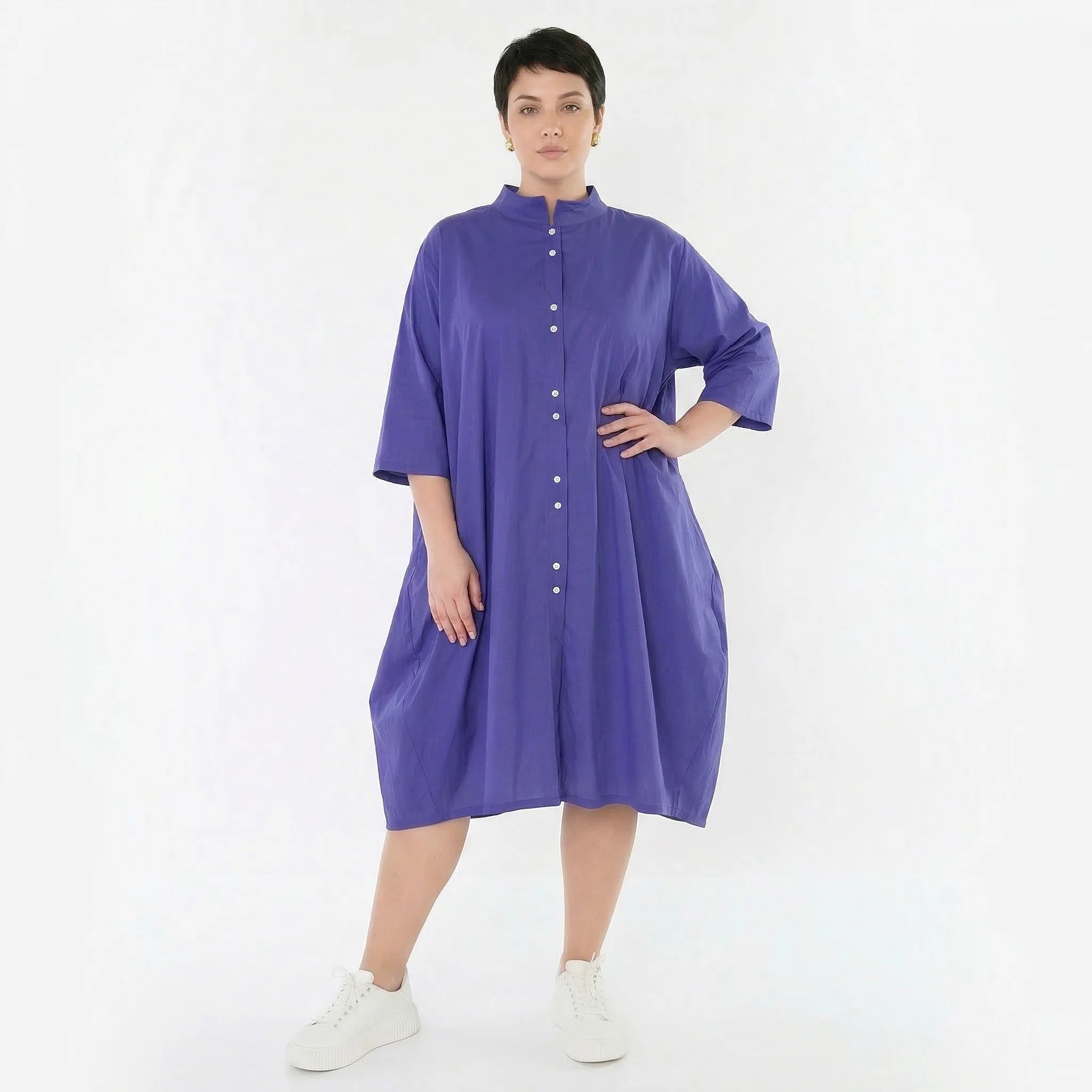 Fließend leichte Ballon Bluse im Lagenlook aus feiner Baumwollmischung mit Stehkragen, Lila