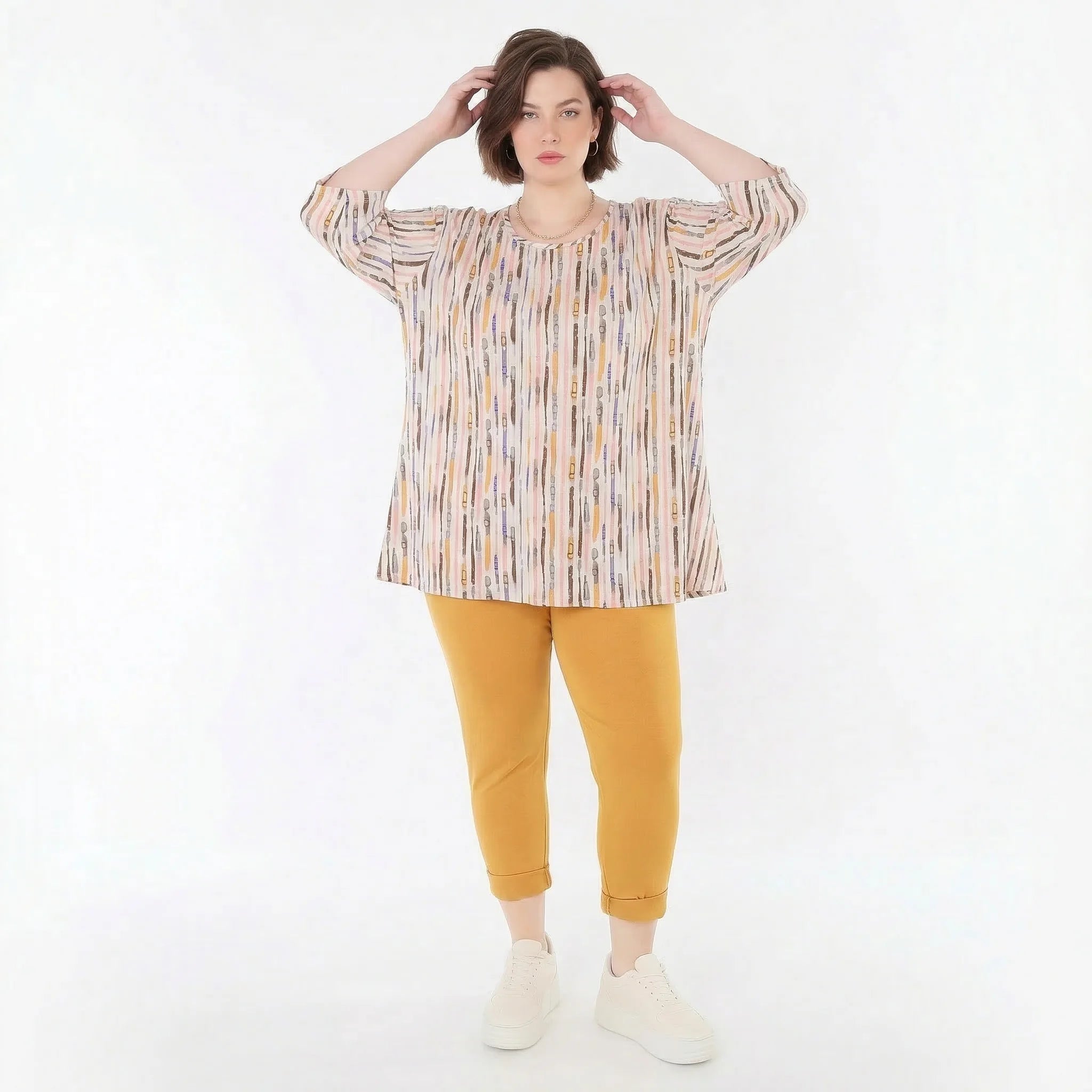 Zeitlos stilvolles Glockenform Shirt aus fein weichem Jersey für legeren Oversize Lagenlook, Ecru/Rosa/Multi