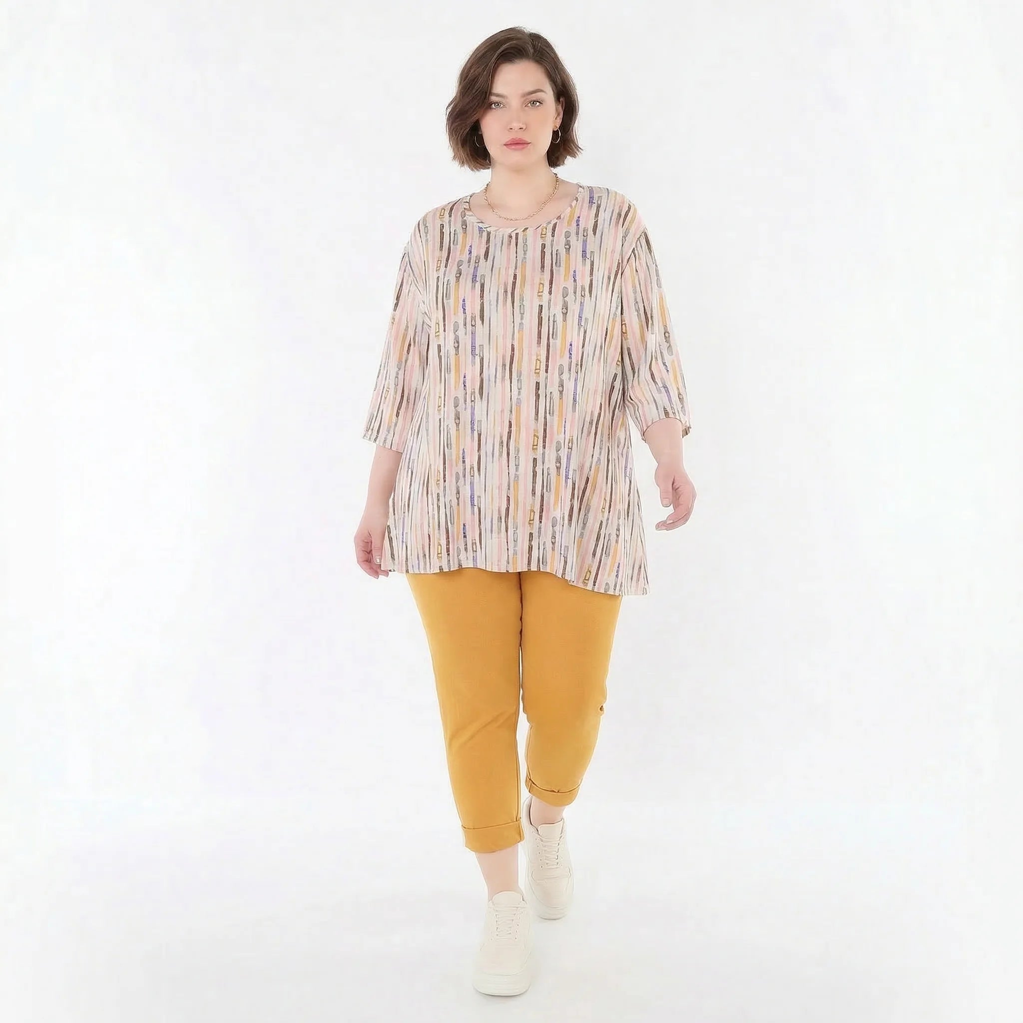 Zeitlos stilvolles Glockenform Shirt aus fein weichem Jersey für legeren Oversize Lagenlook, Ecru/Rosa/Multi