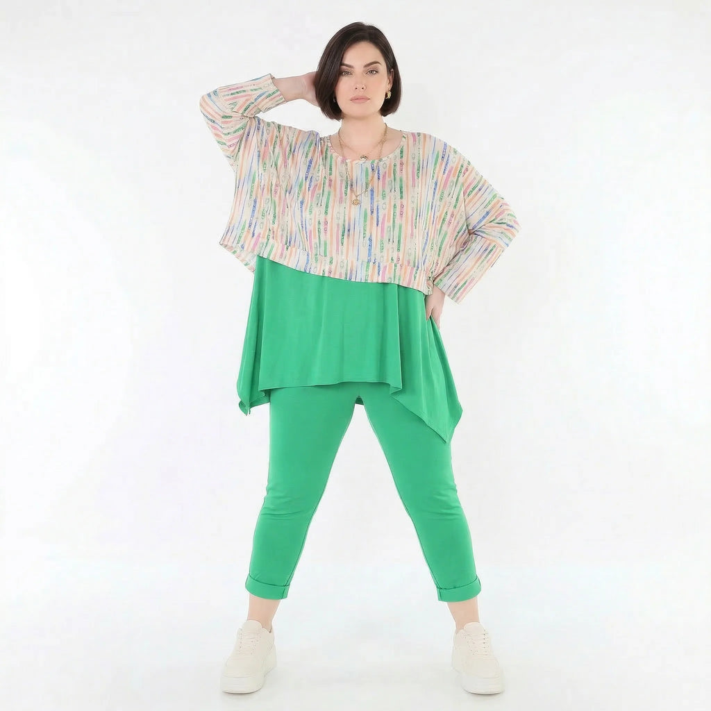 Ausgefallener Lagenlook Überwurf aus feinem Jersey im kastigen Oversize Style mit Pinselstrichmuster, Ecru/Fuchsia/Multi