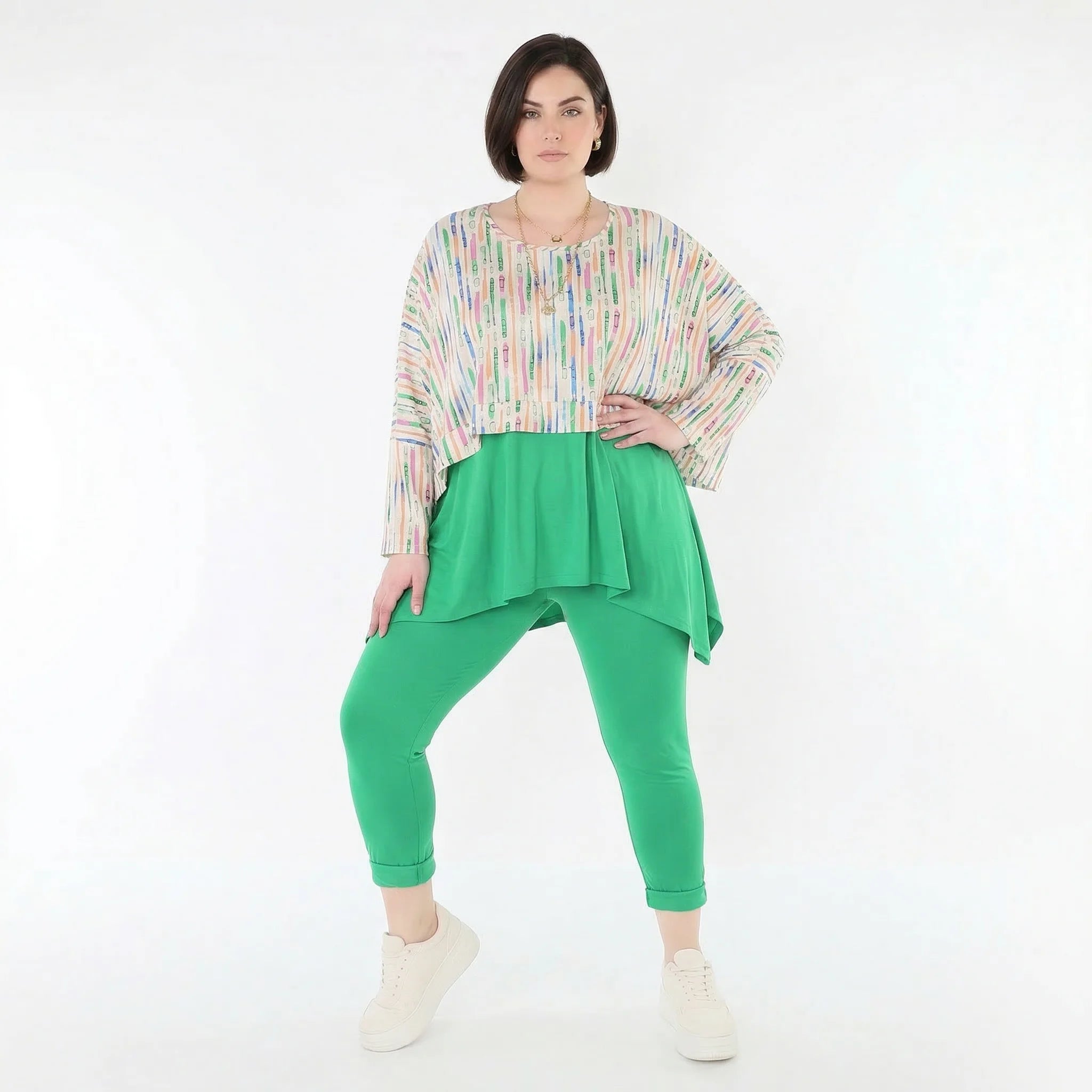 Ausgefallener Lagenlook Überwurf aus feinem Jersey im kastigen Oversize Style mit Pinselstrichmuster, Ecru/Fuchsia/Multi