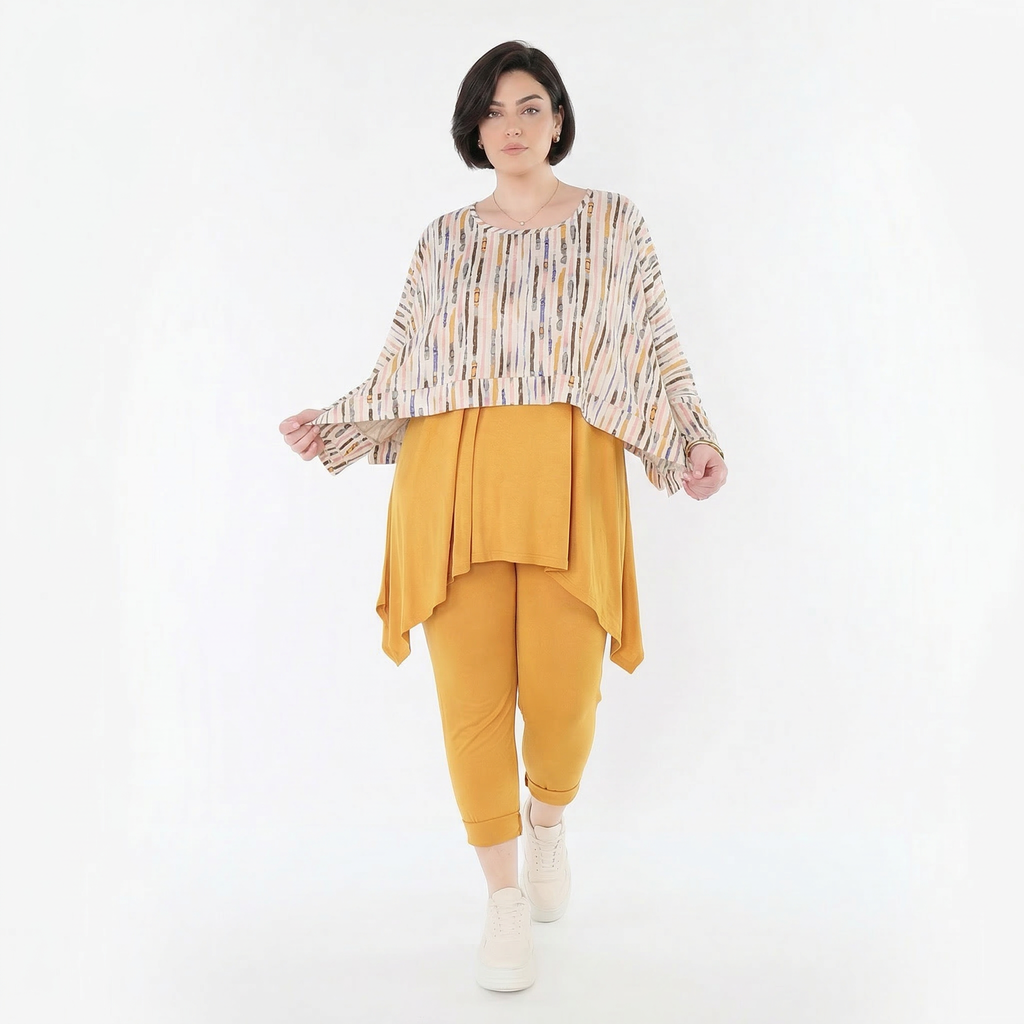 Ausgefallener Lagenlook Überwurf aus feinem Jersey mit weichem Stretch und Pinselstrichmuster, Ecru/Rosa/Multi