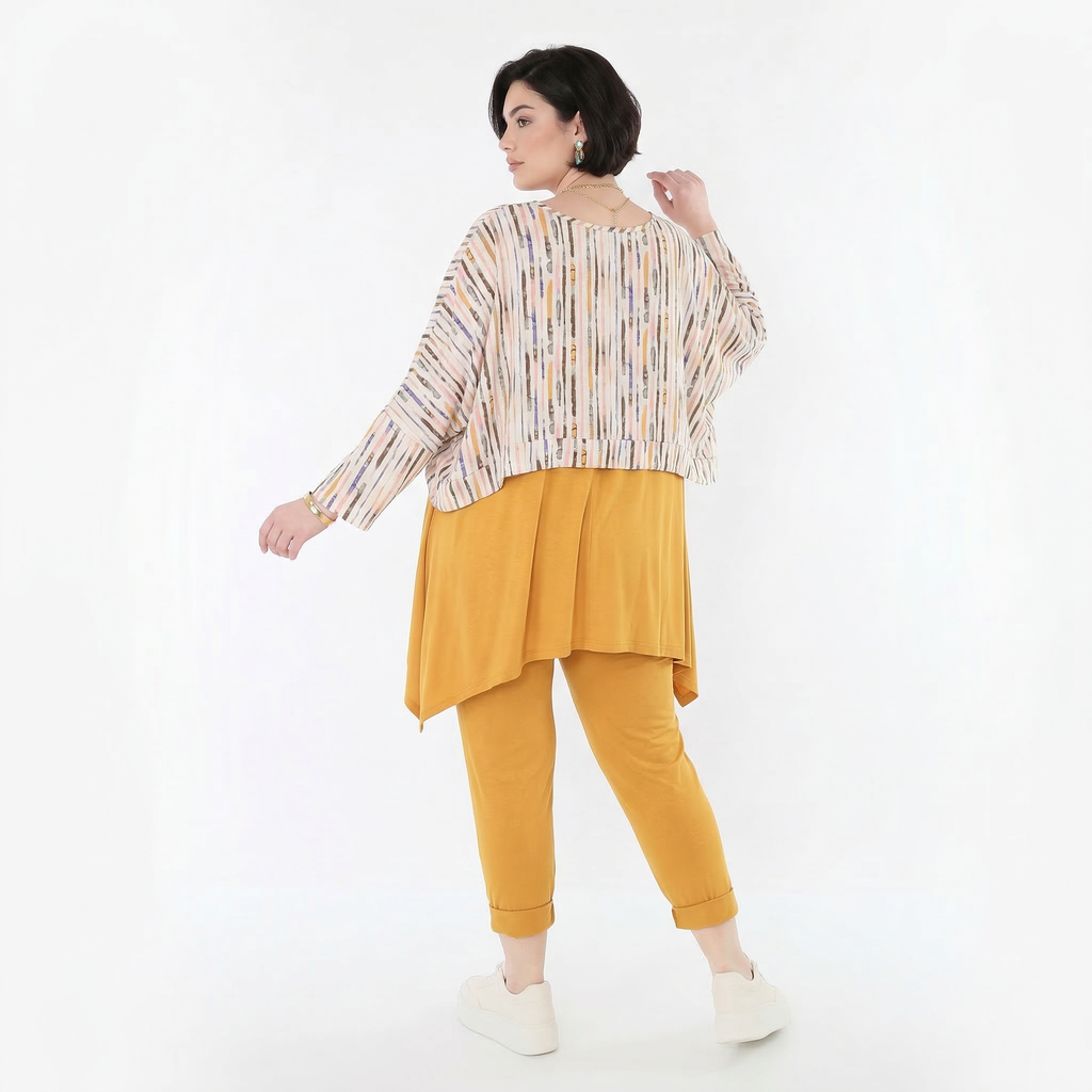 Ausgefallener Lagenlook Überwurf aus feinem Jersey mit weichem Stretch und Pinselstrichmuster, Ecru/Rosa/Multi