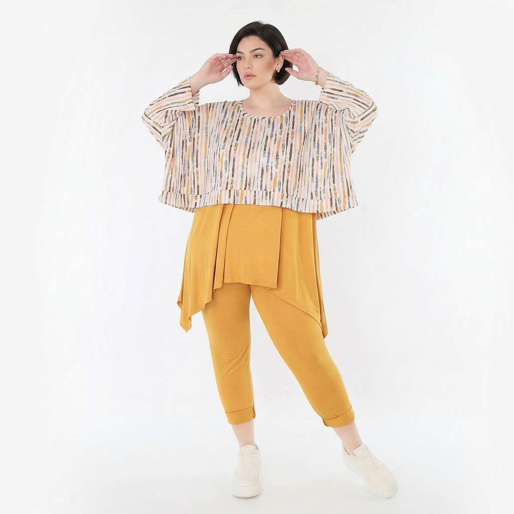 Ausgefallener Lagenlook Überwurf aus feinem Jersey mit weichem Stretch und Pinselstrichmuster, Ecru/Rosa/Multi