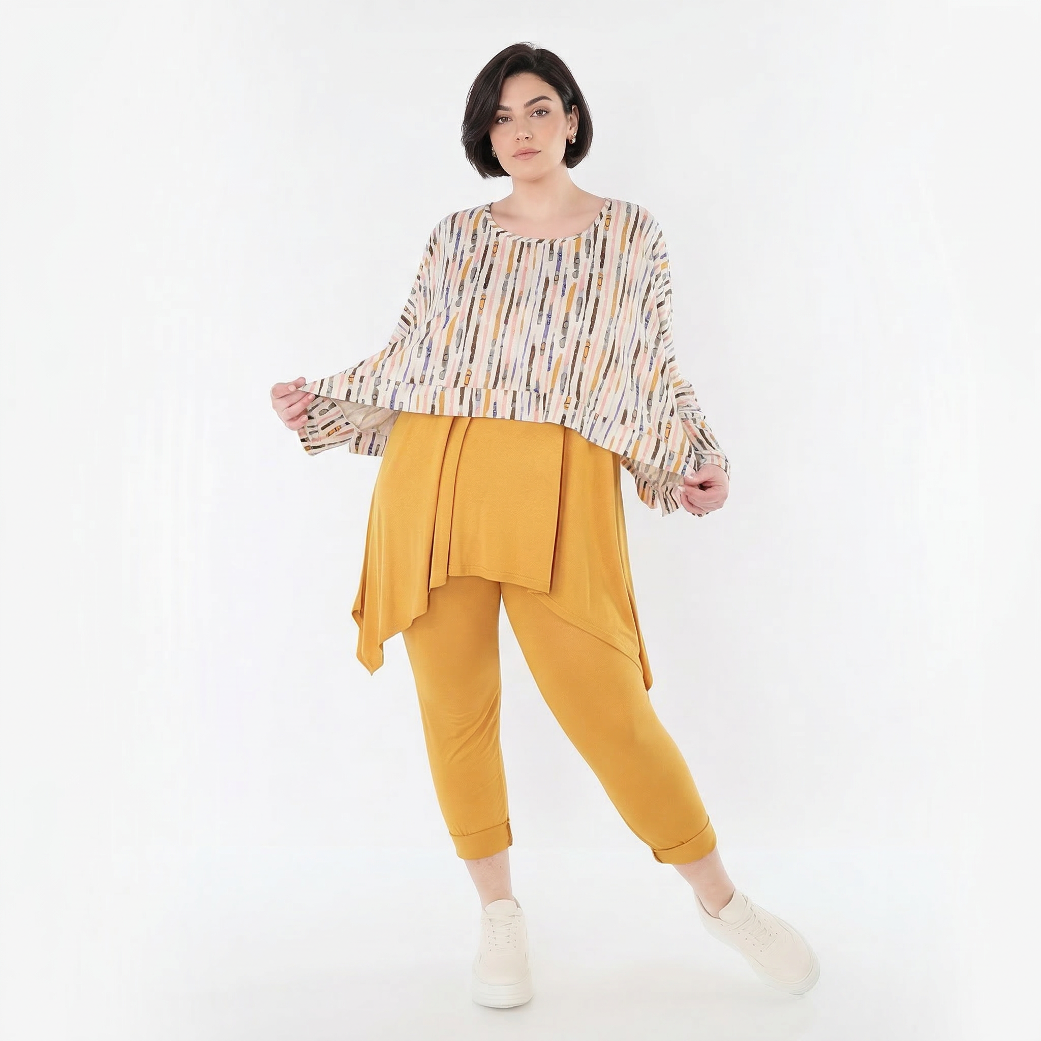 Ausgefallener Lagenlook Überwurf aus feinem Jersey mit weichem Stretch und Pinselstrichmuster, Ecru/Rosa/Multi