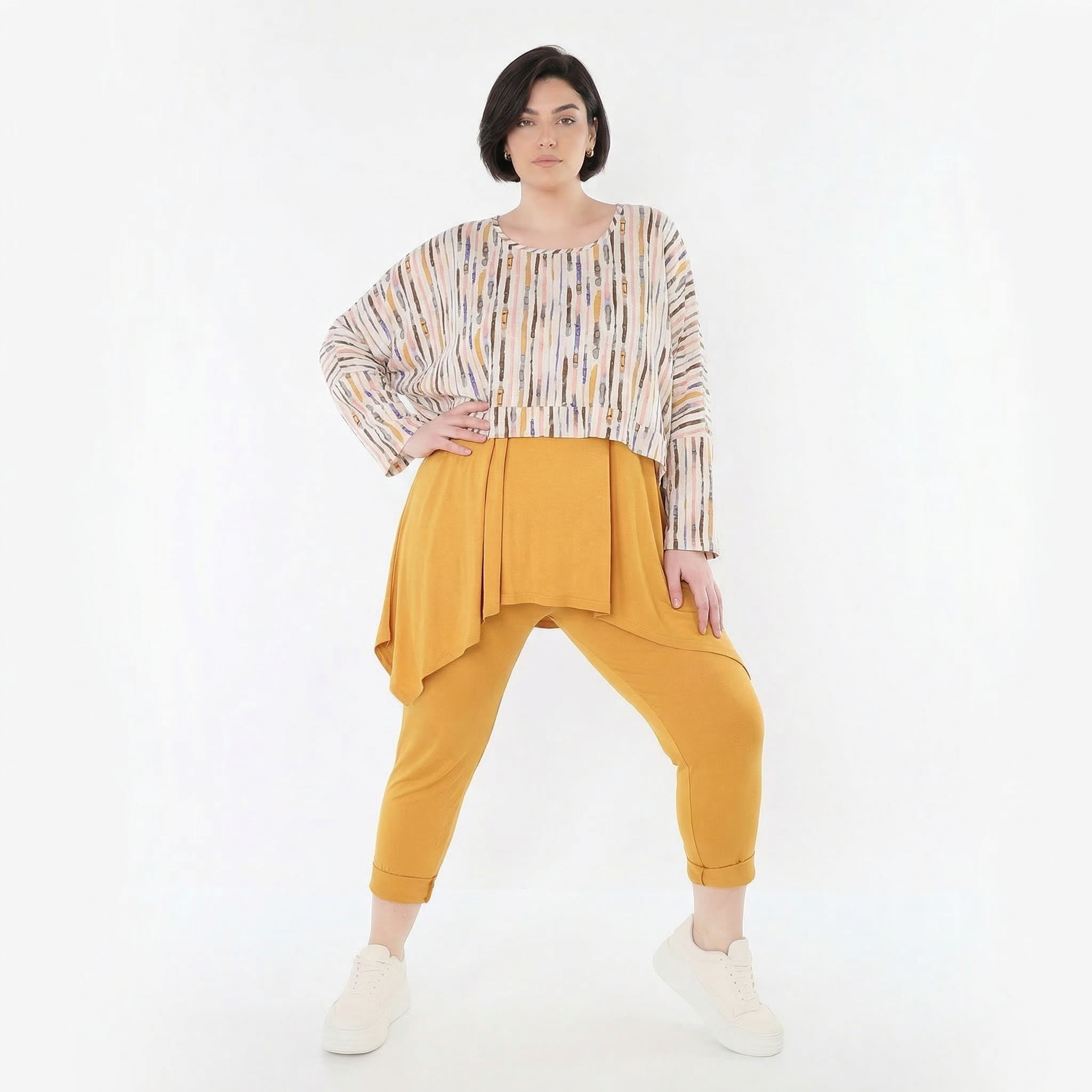 Ausgefallener Lagenlook Überwurf aus feinem Jersey mit weichem Stretch und Pinselstrichmuster, Ecru/Rosa/Multi