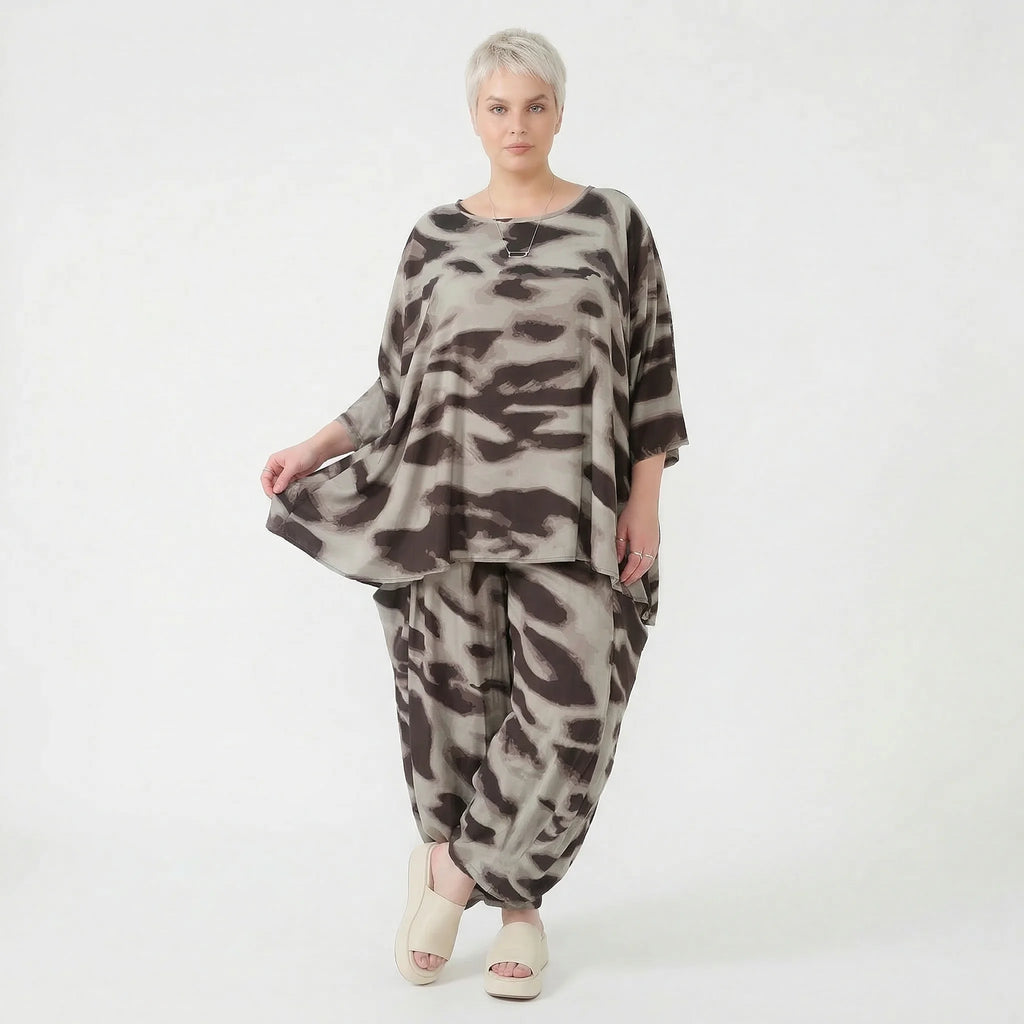 Ausgefallene Ballon Hose im legeren Lagenlook aus weich fließender Popeline mit Taschen, Grau/Braun