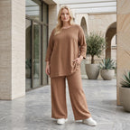 Palazzo Hose mit weitem Bein und ausgefallenem Jacquard Waffelmuster für lässigen Lagenlook, Cognac