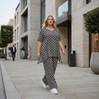 Damen Hose Lagenlook Polyester Schwarz/Weiß, gerader Schnitt, Rauten, Elastikbund, Oversize große Größen – AKH Fashion