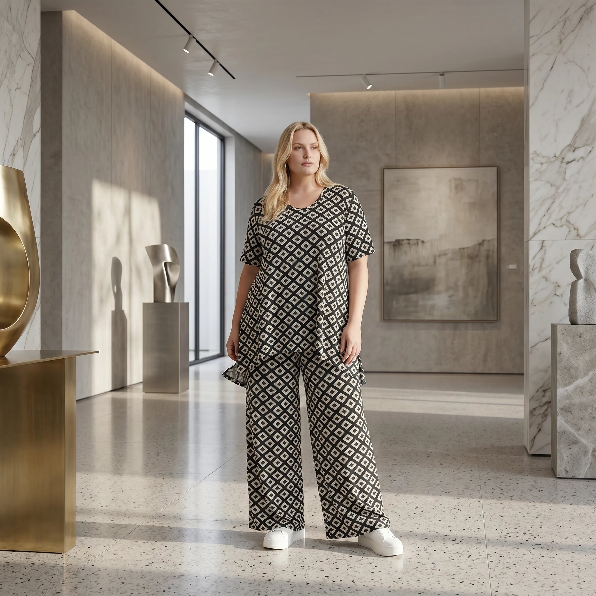 Ausgefallene Palazzo Hose im zeitlosen Lagenlook mit fließend elastischem Stretch Komfort, Schwarz/Weiß