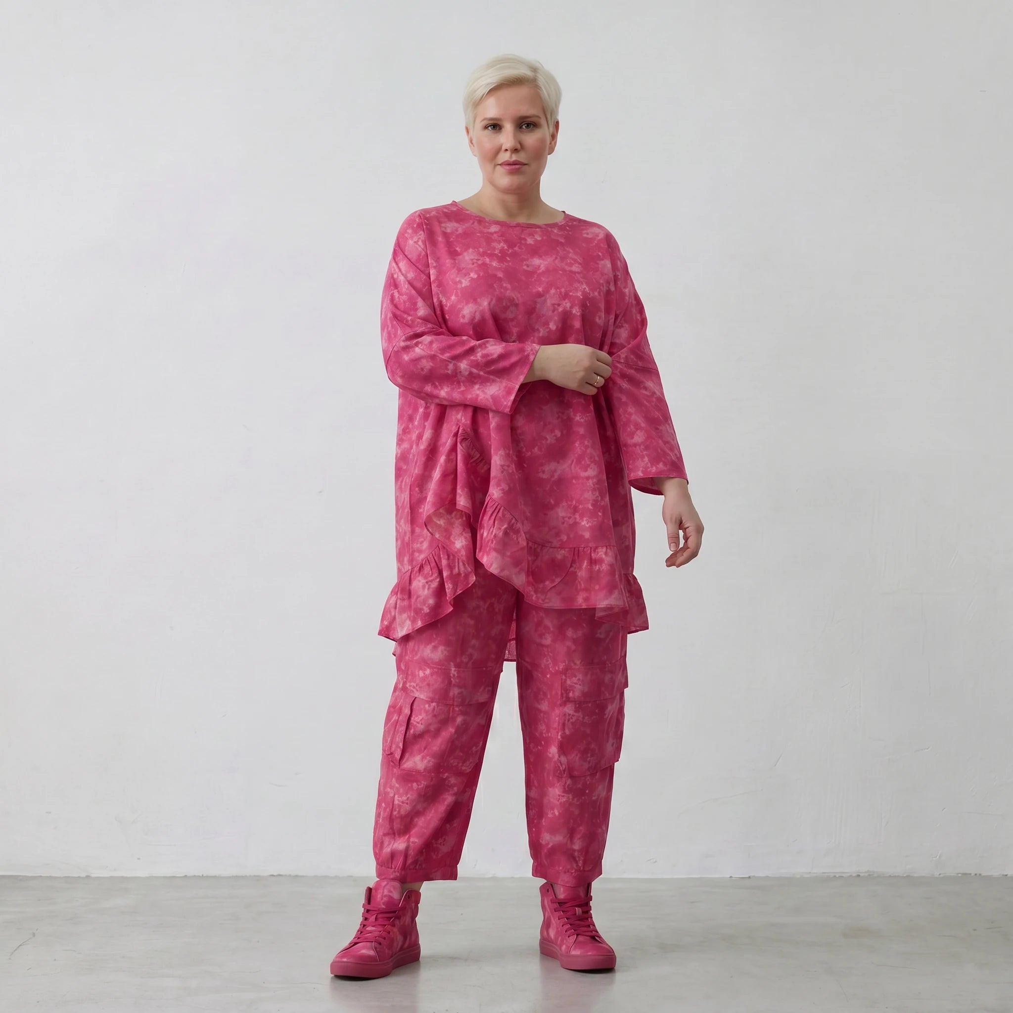 Oversize Big Shirt aus leichter, feiner Baumwollpopeline im ausgefallenen Lagenlook, Batik, Fuchsia