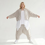 Stilvolle Oversize Jacke in lässigem Lagenlook mit leichter Leinen Optik und Streifen, Sand/Weiß