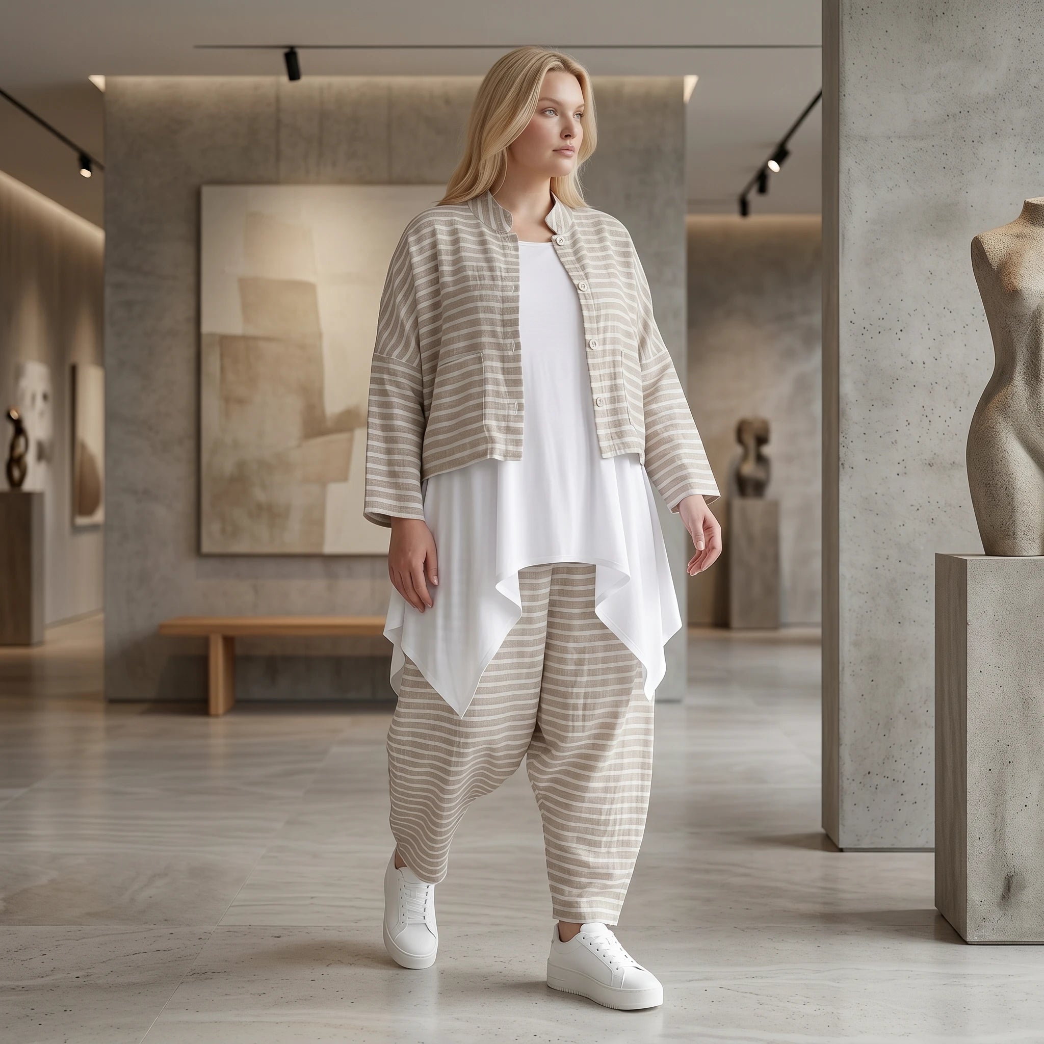 Stilvolle Oversize Jacke in lässigem Lagenlook mit leichter Leinen Optik und Streifen, Sand/Weiß
