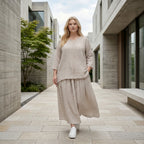 Luftiges Oversize Lagenlook Shirt in A-Form mit Streifen und Biesen, leicht und leger, Sand/Weiß