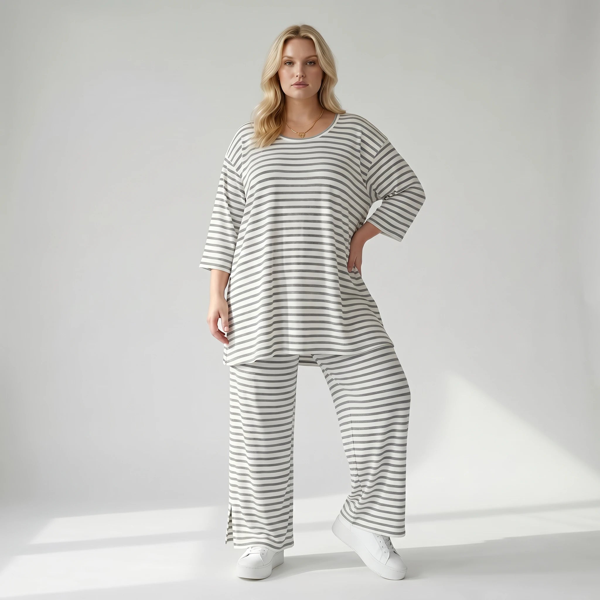 Stilvolle Lagenlook Hose aus weich fließendem Jersey im legeren Oversize Stil mit Streifen, Weiß/Grau