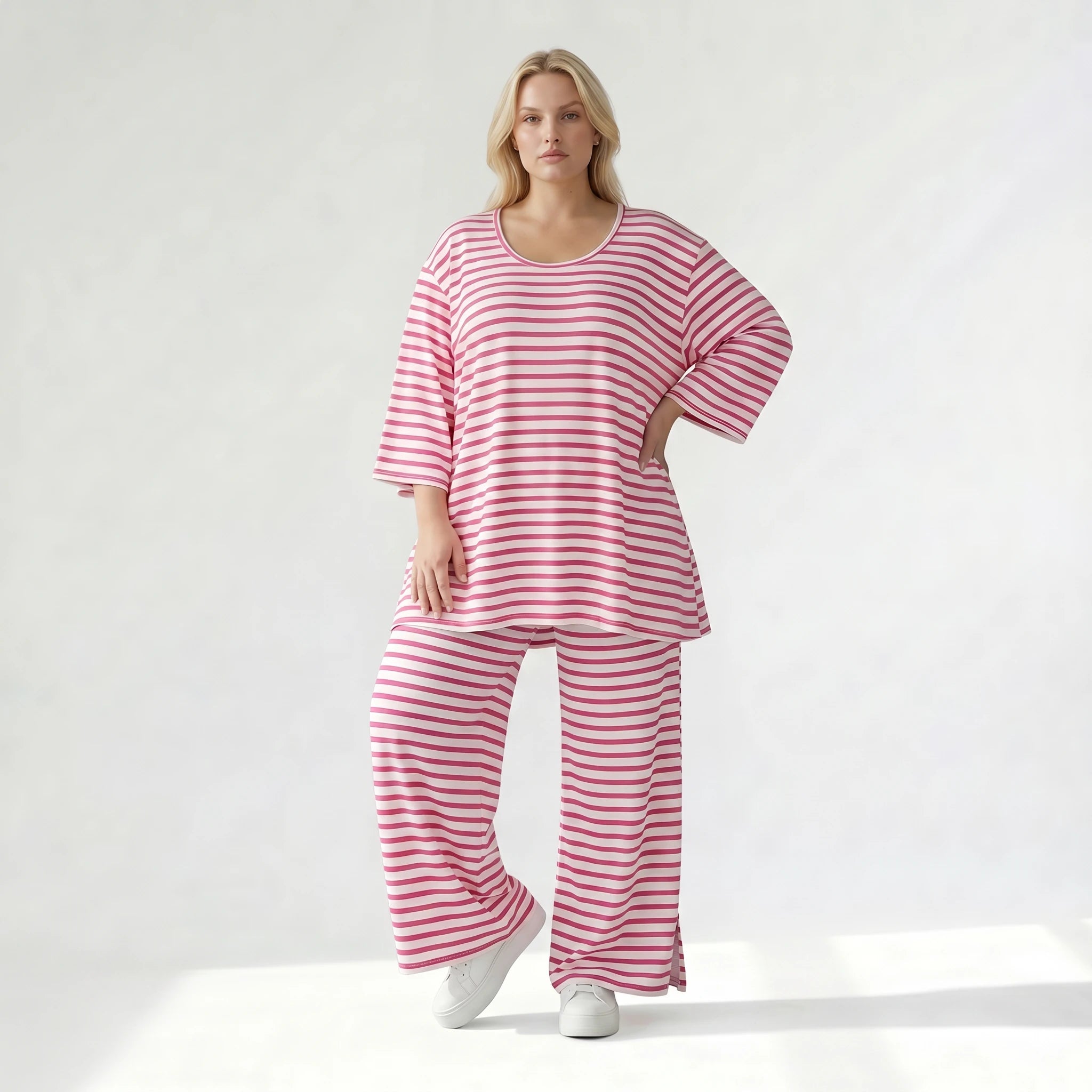 Ausgefallene Lagenlook Hose mit weiten Beinen und feinem Jersey, weich fließend, Streifen, Weiß/Fuchsia