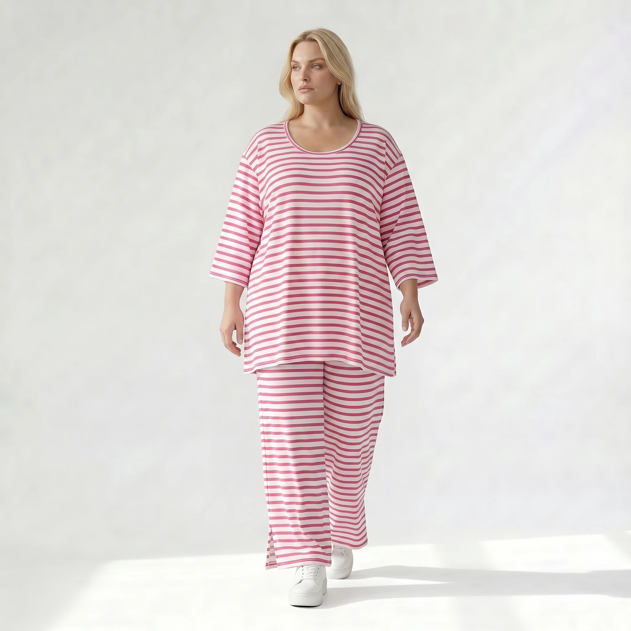 Ausgefallene Lagenlook Hose mit weiten Beinen und feinem Jersey, weich fließend, Streifen, Weiß/Fuchsia