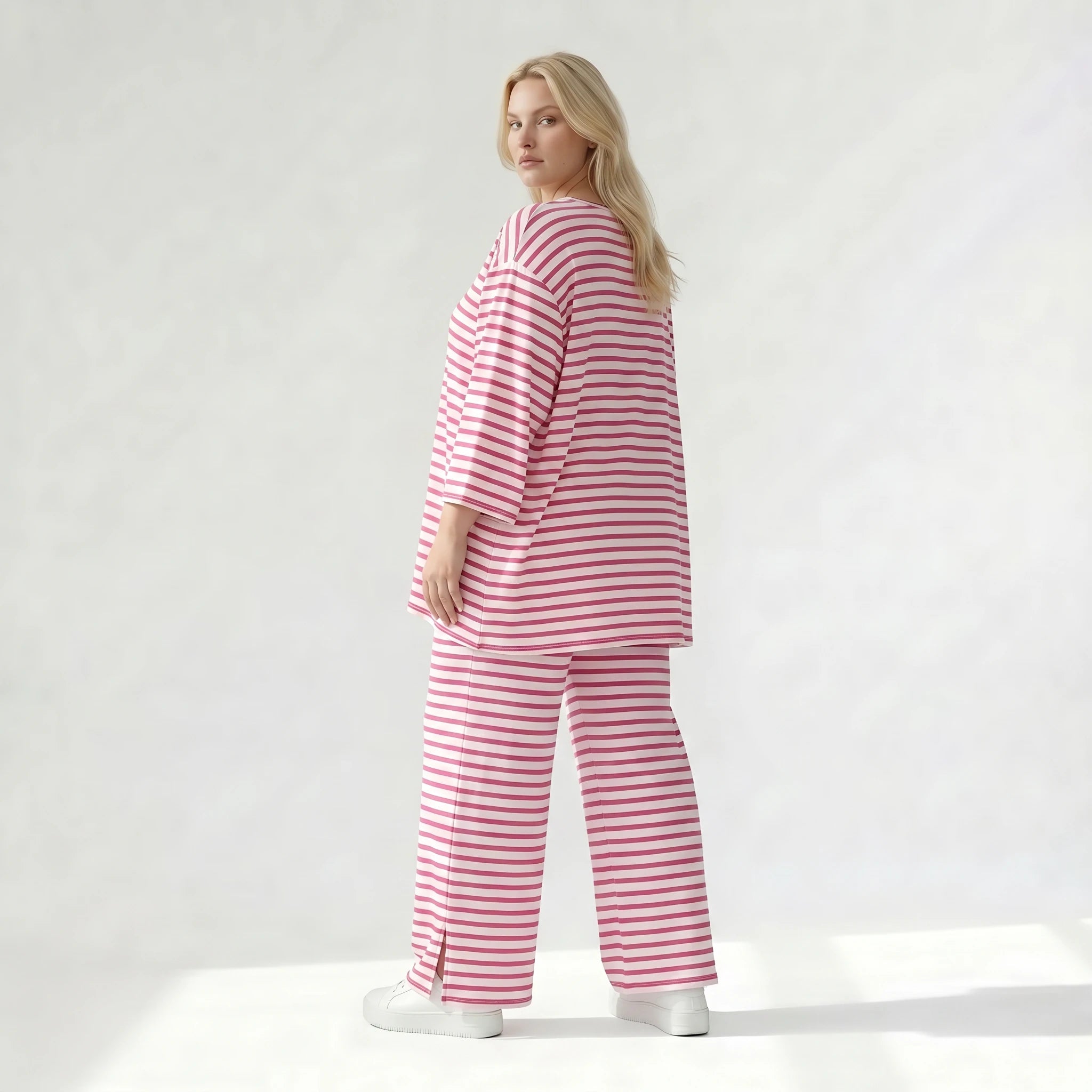 Ausgefallene Lagenlook Hose mit weiten Beinen und feinem Jersey, weich fließend, Streifen, Weiß/Fuchsia