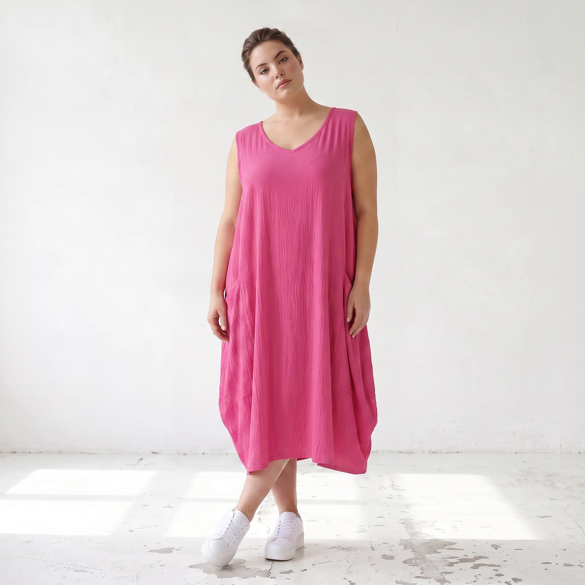 Damen Kleid Lagenlook Viskose Fuchsia, Ballonschnitt, ärmellos, Taschen, Oversize große Größen – AKH Fashion