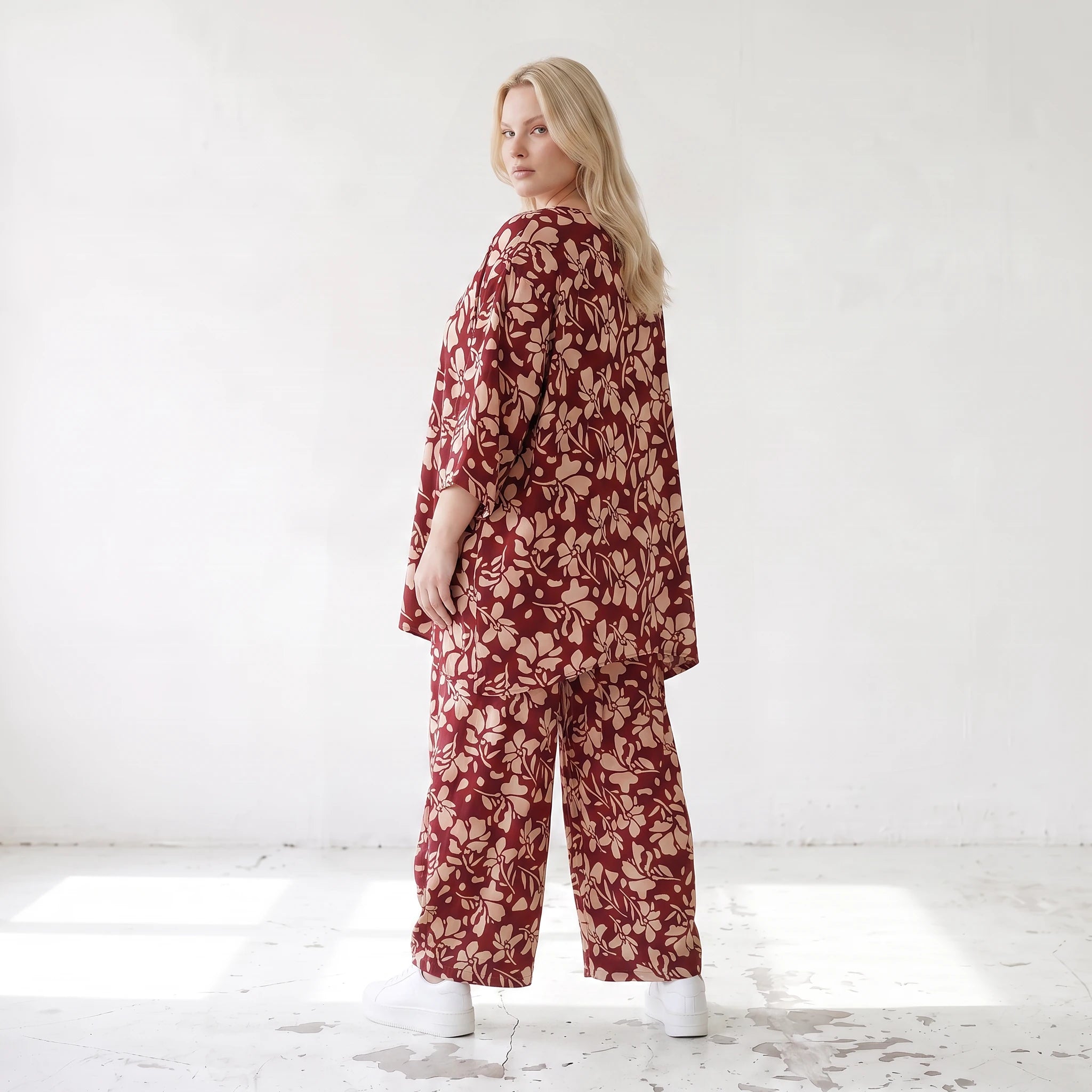 Damen Shirt Lagenlook Viskose Weinrot/Rose, A-Form, Langarm, Taschen, Oversize große Größen – AKH Fashion