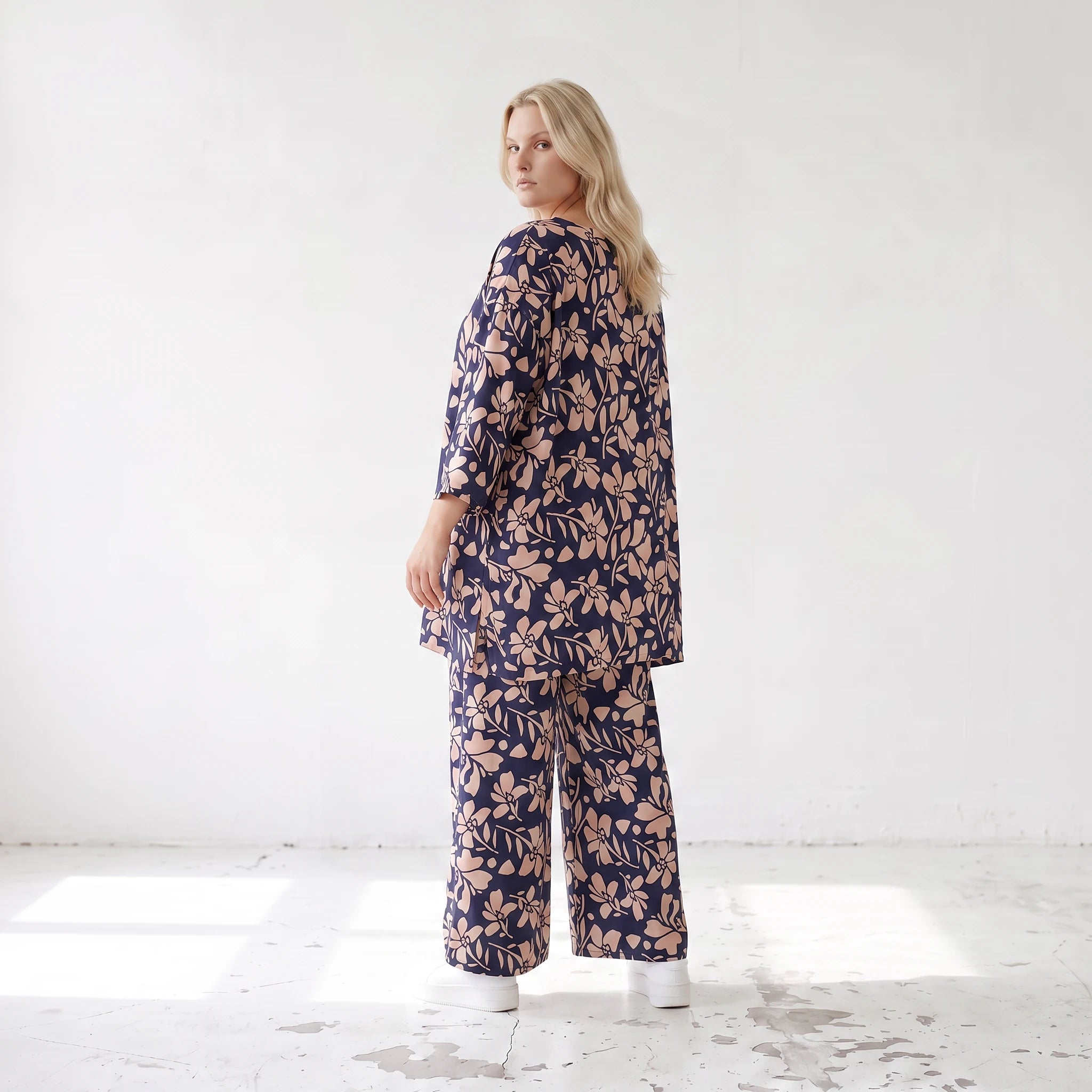 Damen Shirt Lagenlook Viskose Marine/Rose, A-Form, 3/4-Arm, Taschen, Oversize große Größen – AKH Fashion