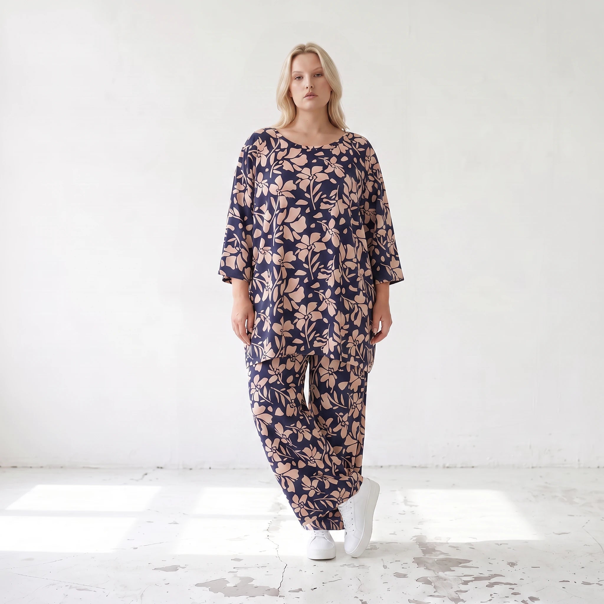 Damen Shirt Lagenlook Viskose Marine/Rose, A-Form, 3/4-Arm, Taschen, Oversize große Größen – AKH Fashion