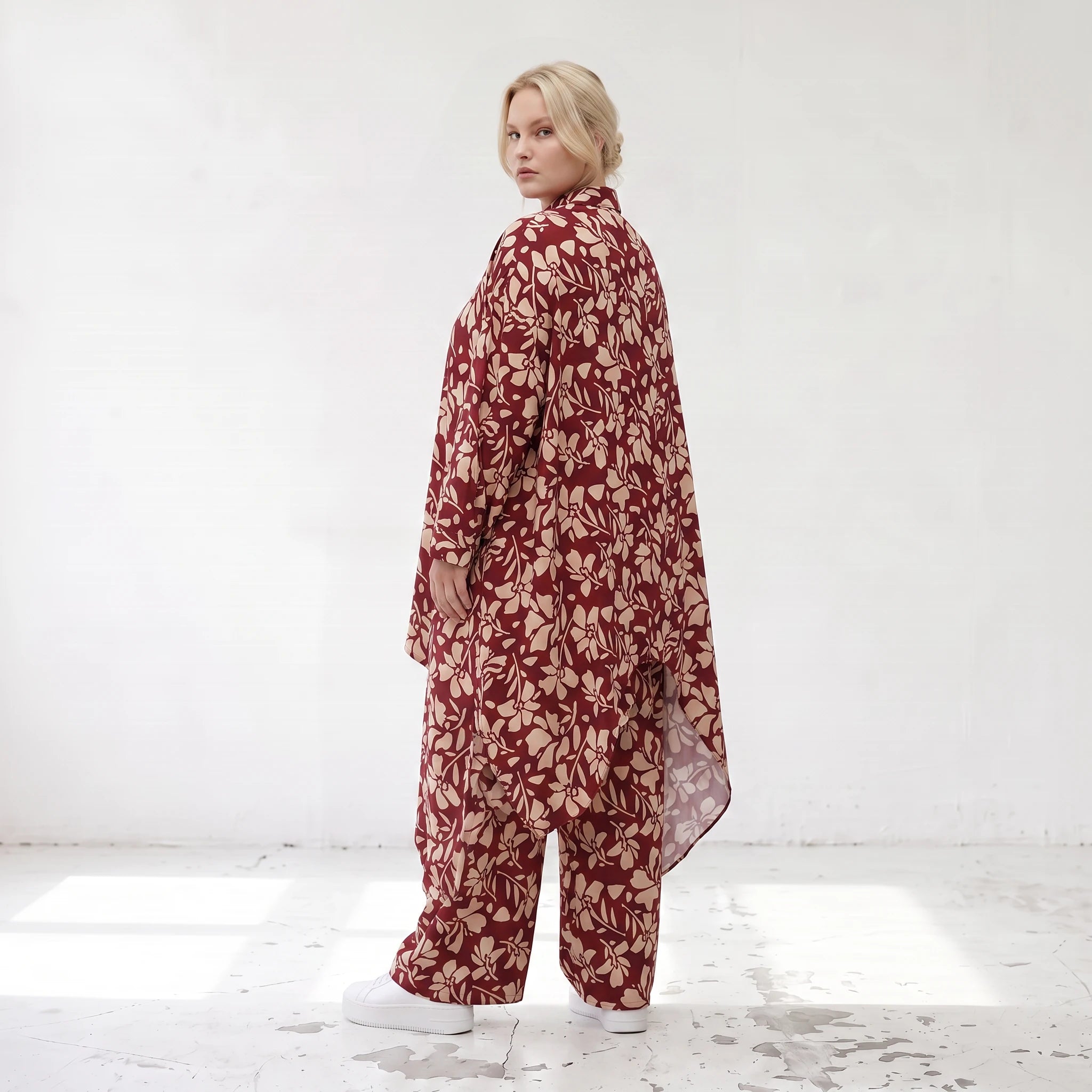 Damen Bluse Lagenlook Viskose Weinrot/Rose, gerader Schnitt, Langarm, Knopfleiste, Oversize große Größen – AKH Fashion