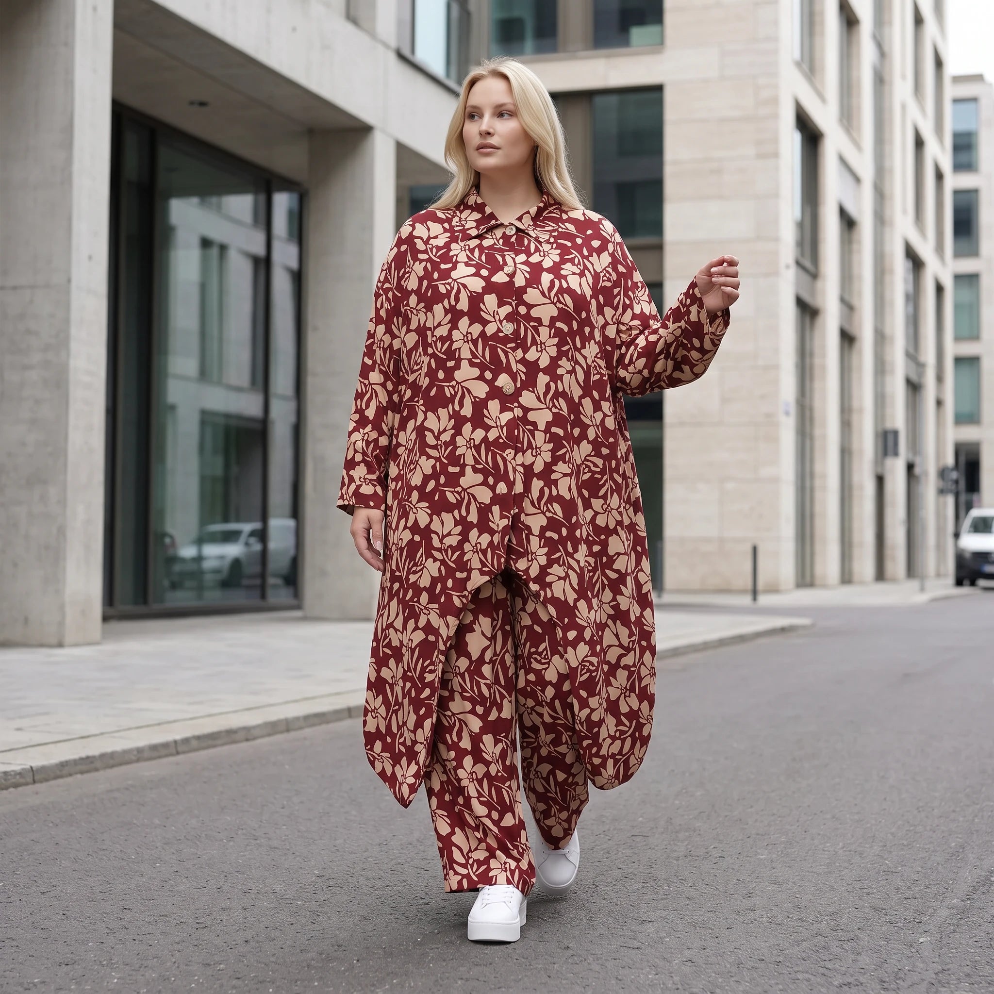 Damen Bluse Lagenlook Viskose Weinrot/Rose, gerader Schnitt, Langarm, Knopfleiste, Oversize große Größen – AKH Fashion