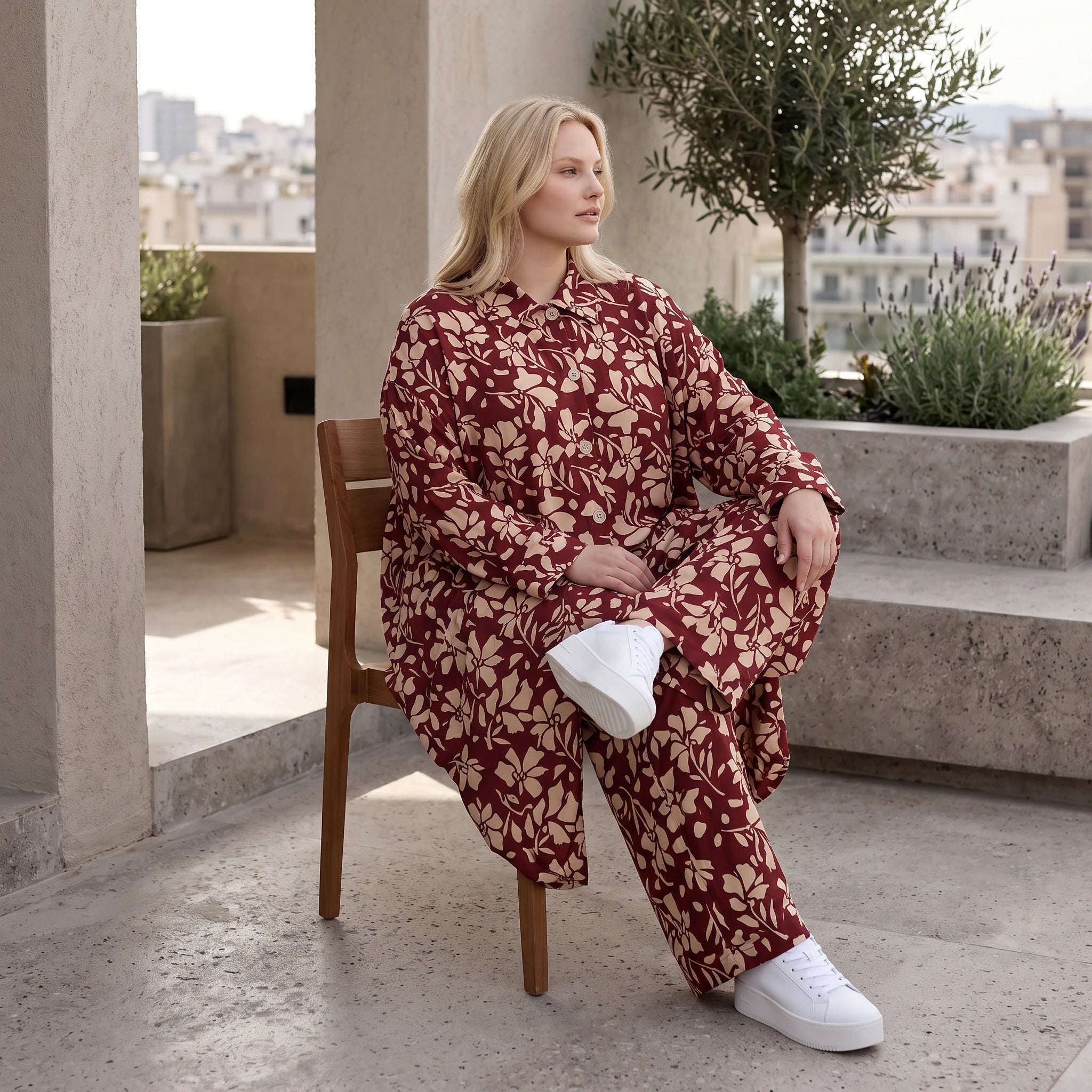 Damen Bluse Lagenlook Viskose Weinrot/Rose, gerader Schnitt, Langarm, Knopfleiste, Oversize große Größen – AKH Fashion