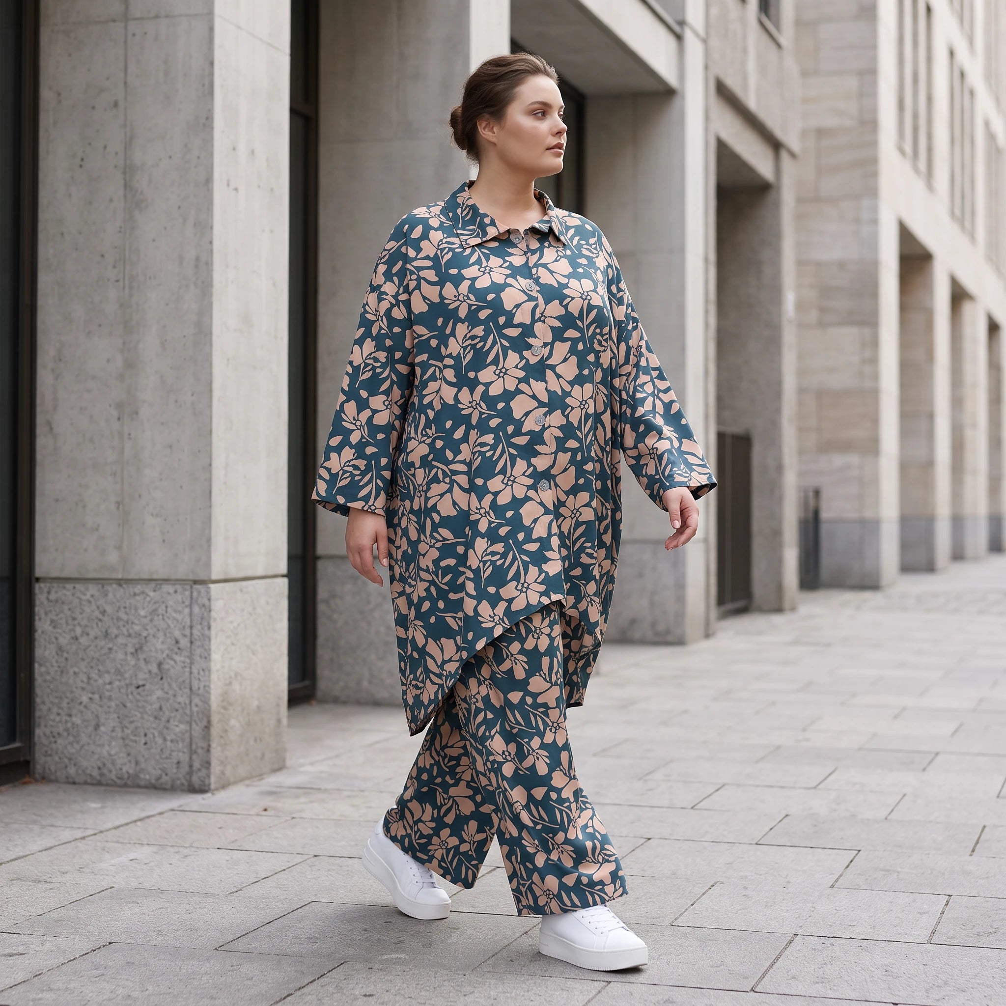 Damen Bluse Lagenlook Viskose Petrol/Rose, Zipfelform, Langarm, Knopfleiste, Oversize große Größen – AKH Fashion