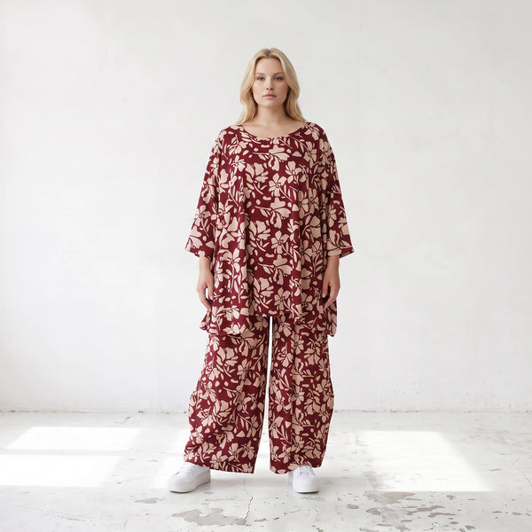 Damen Shirt Lagenlook Viskose Weinrot/Rose, A-Form, 3/4-Arm, Oversize große Größen – AKH Fashion