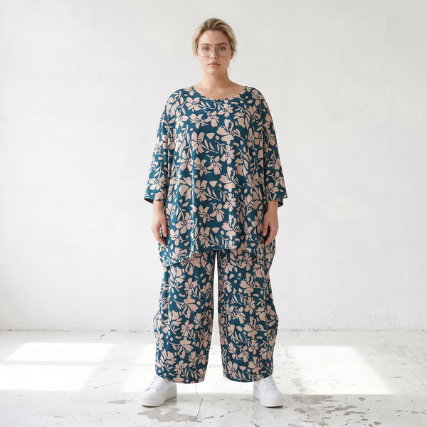 Damen Shirt Lagenlook Viskose Petrol/Rose, A-Form, 3/4-Arm, Oversize große Größen – AKH Fashion