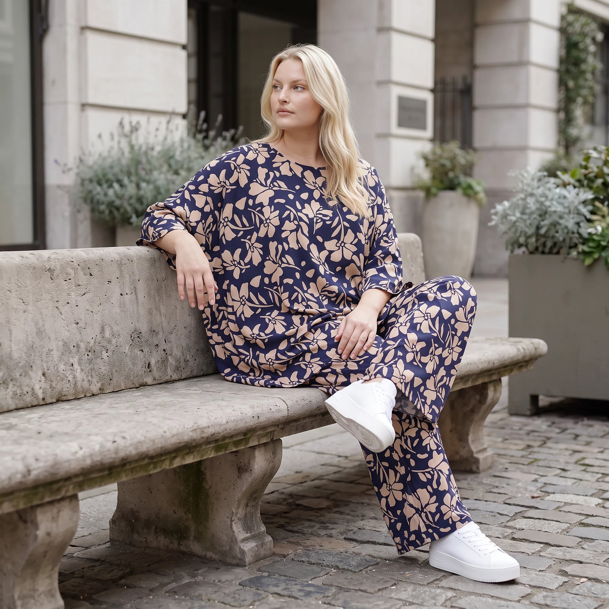 Damen Shirt Lagenlook Viskose Marine/Rose, A-Form, 3/4-Arm, Oversize große Größen – AKH Fashion